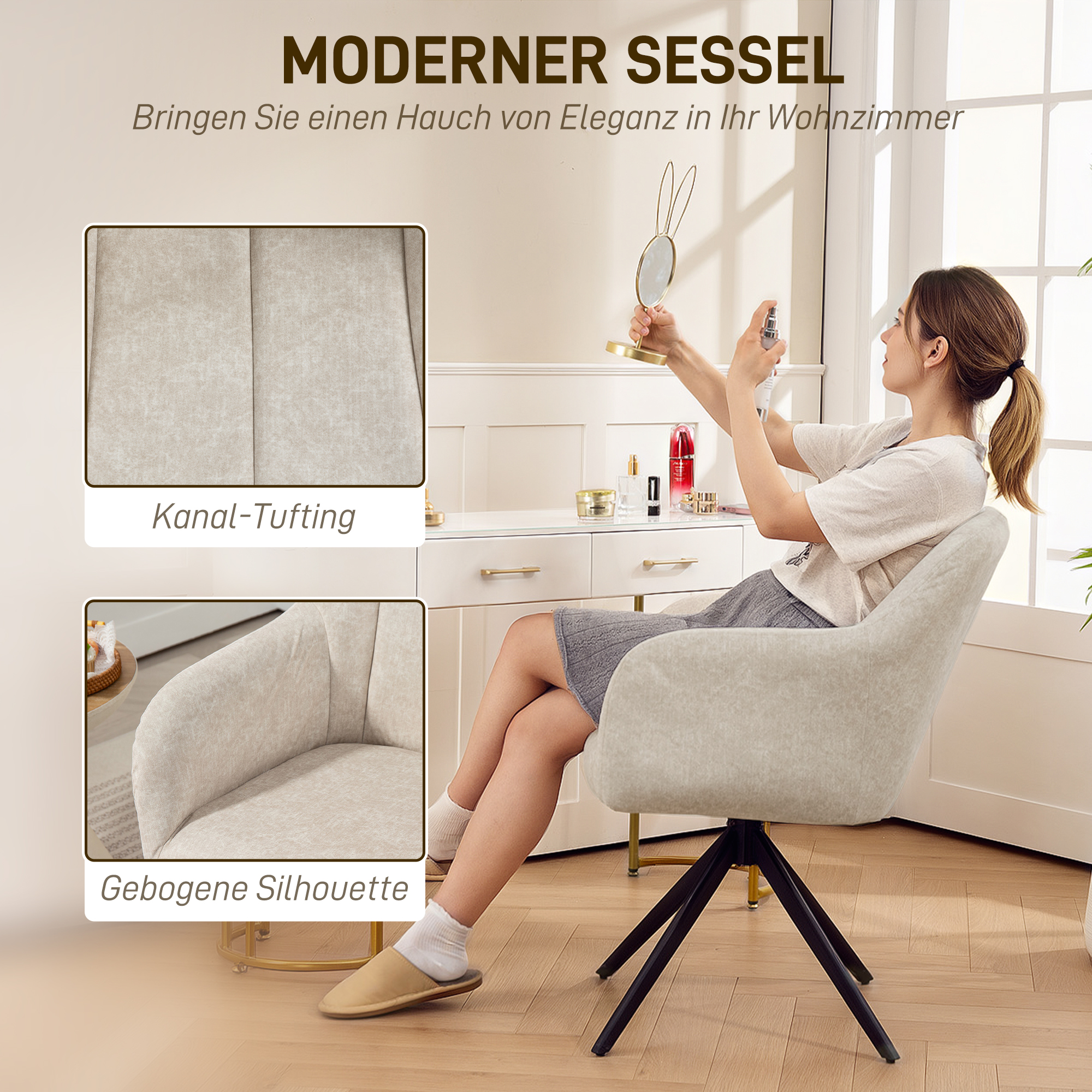 Drehbarer Akzentstuhl, Polsterstuhl mit Stoffbezug, Armlehnen, Stahlbeine, für Wohnzimmer, Schlafzimmer, Büro, Beige