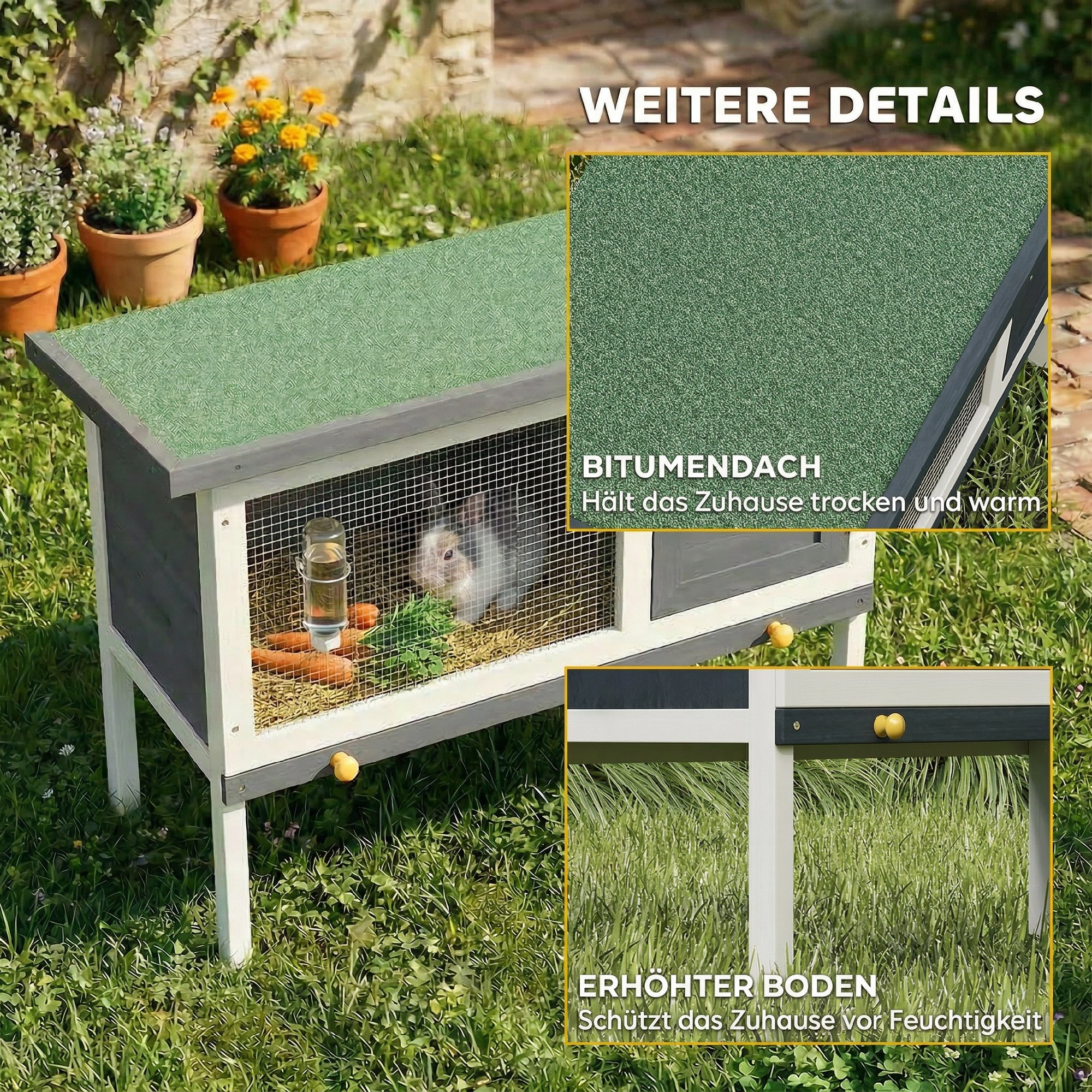 Hasenstall erhöhter Kaninchenstall aus Holz mit aufklappbar Bitumendach herausziehbarer Schublade 90x45x65 cm Grau