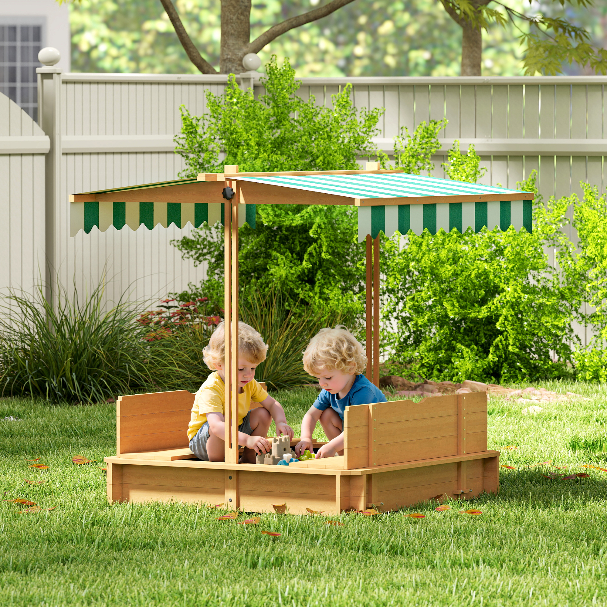 Sandkasten 106x106 cm Kinder Sandbox aus Holz mit höhenverstellbar Abdeckung Sitzbänken Rücklehnen Hellbraun