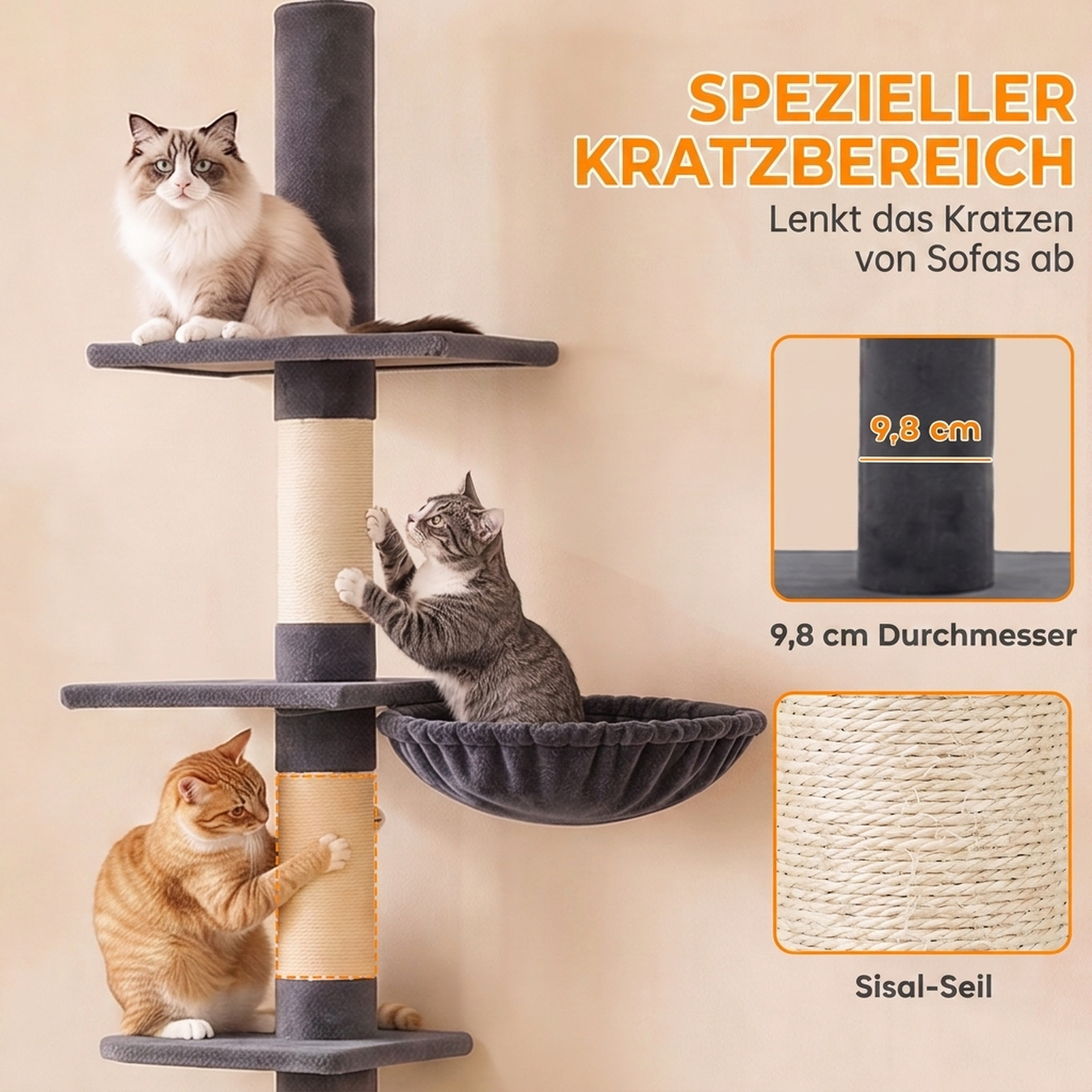 Kratzbaum Deckenhoch 225-255 cm höhenverstellbar Katzenbaum mit 5 Etagen 3 Sisal-Kratzstämmen, Hängematte, Plattformen