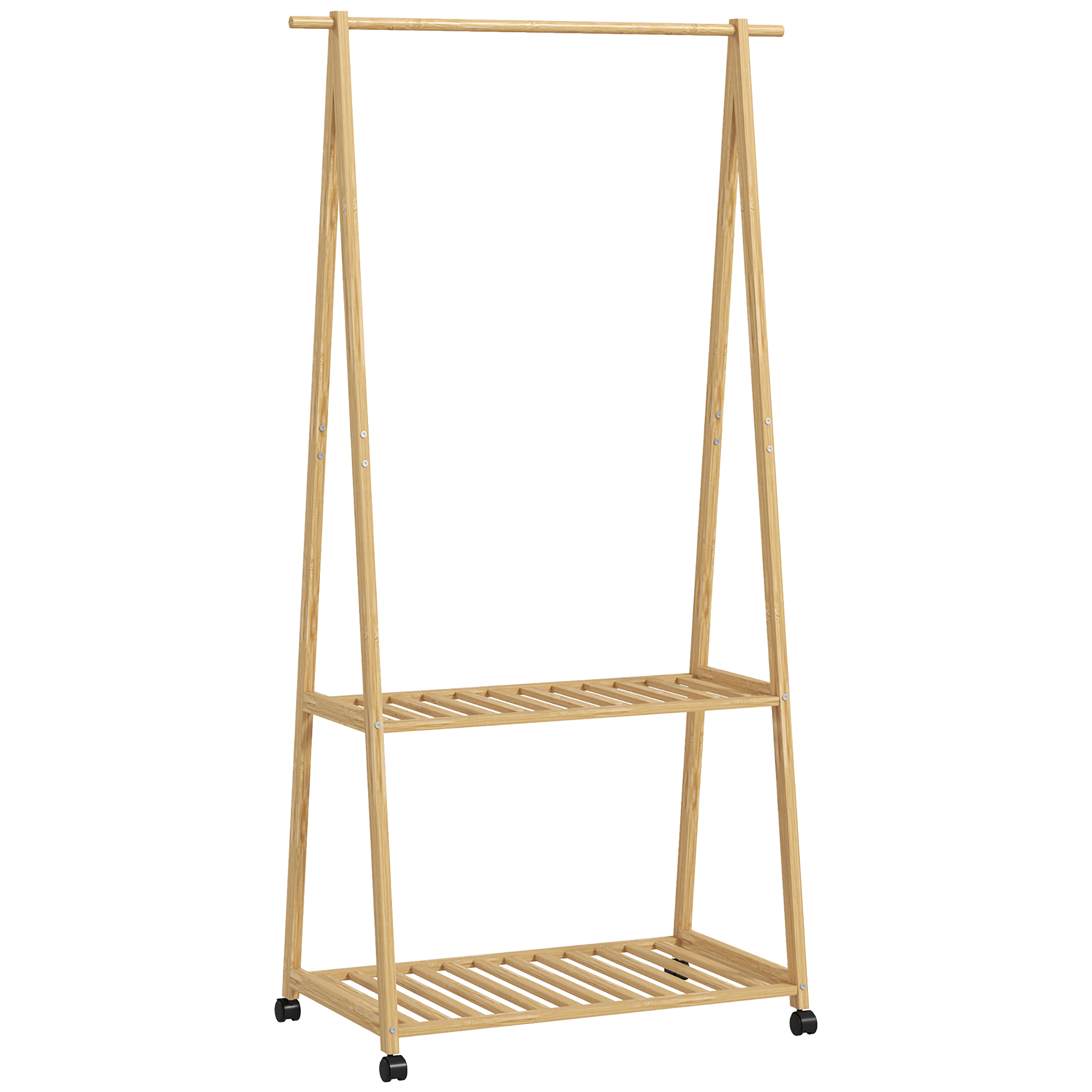 Kleiderständer, 2 untere Regale, 67 cm lange Kleiderstange, Bambusholz, Rollen Kleiderständer, 2 untere Regale, 67 cm lange Kleiderstange, Bambusholz, Rollen
