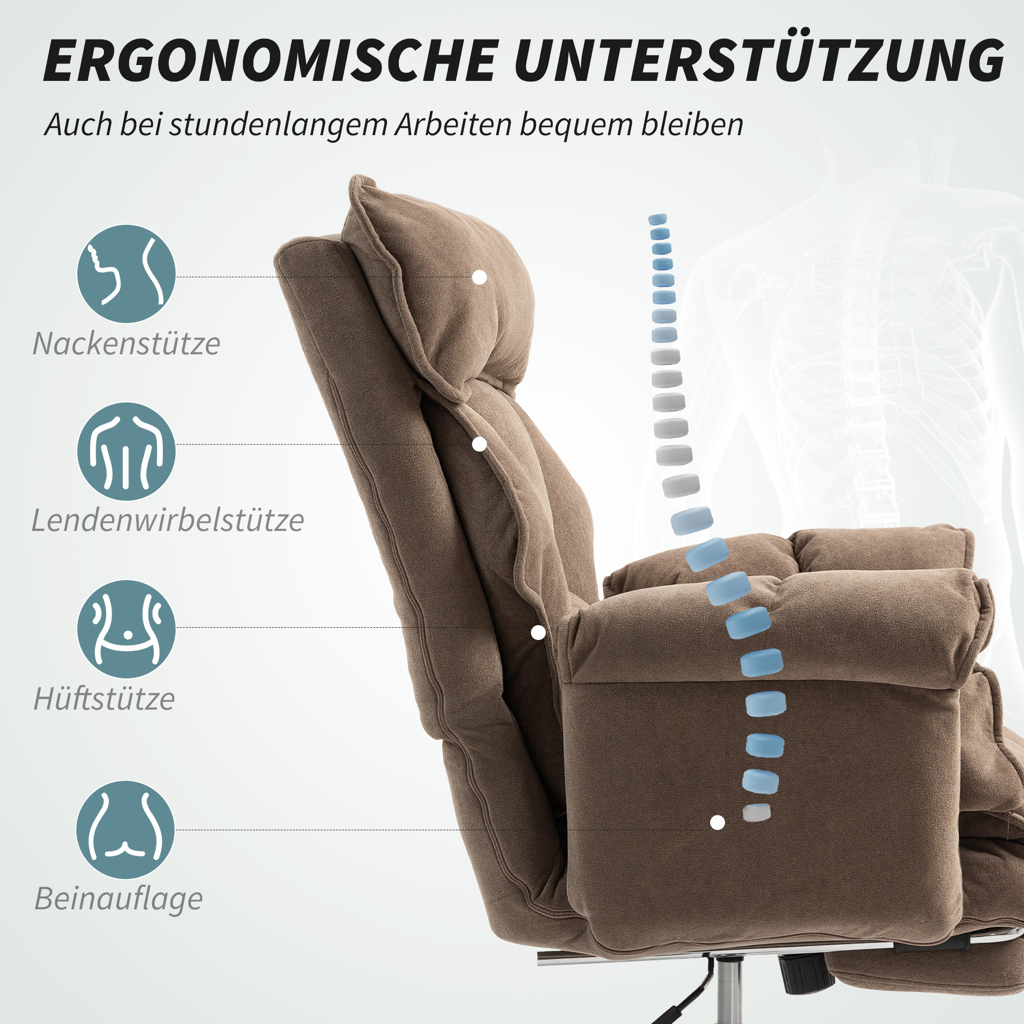 ergonomischer Bürostuhl, neigbare Rückenlehne, Fußstütze, weicher Stoff, Hellbraun