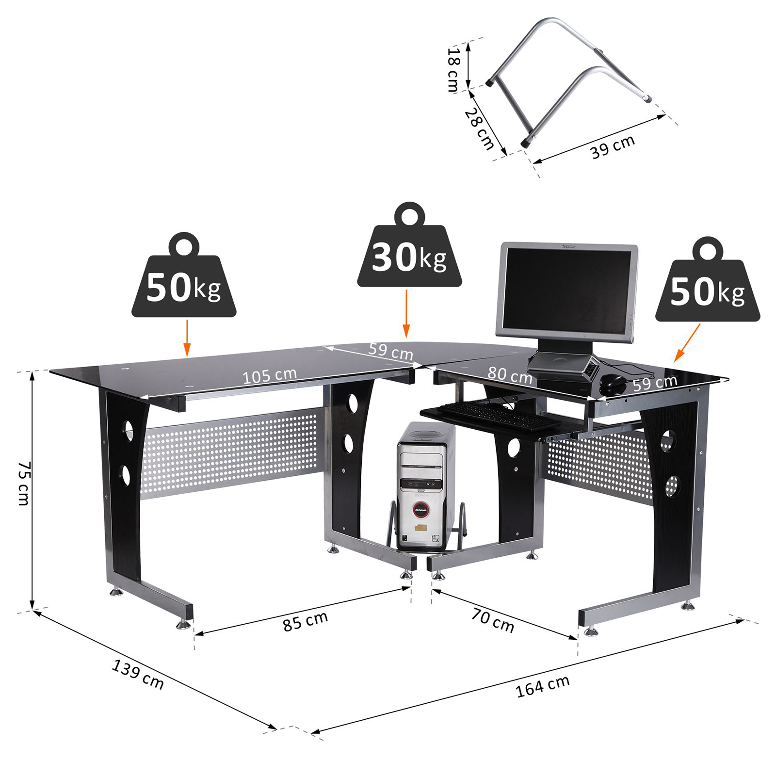 Computertisch Eckschreibtisch Schreibtisch Bürotisch PC Tisch mit schwarzem Sicherheitsglas L-förmig 164x139x75 cm