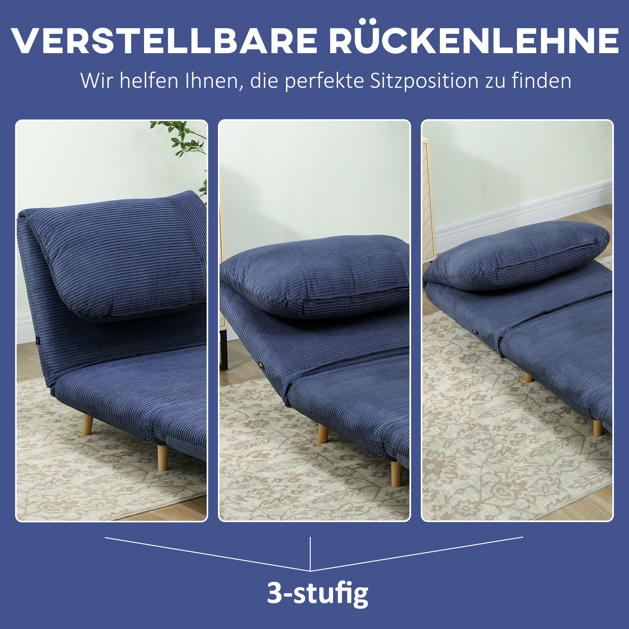 2-in-1 Schlafsessel Gästebett, verstellbare  Kopfstütze Cord-Optik 82 cm x 8 cm x 83 cm Blau