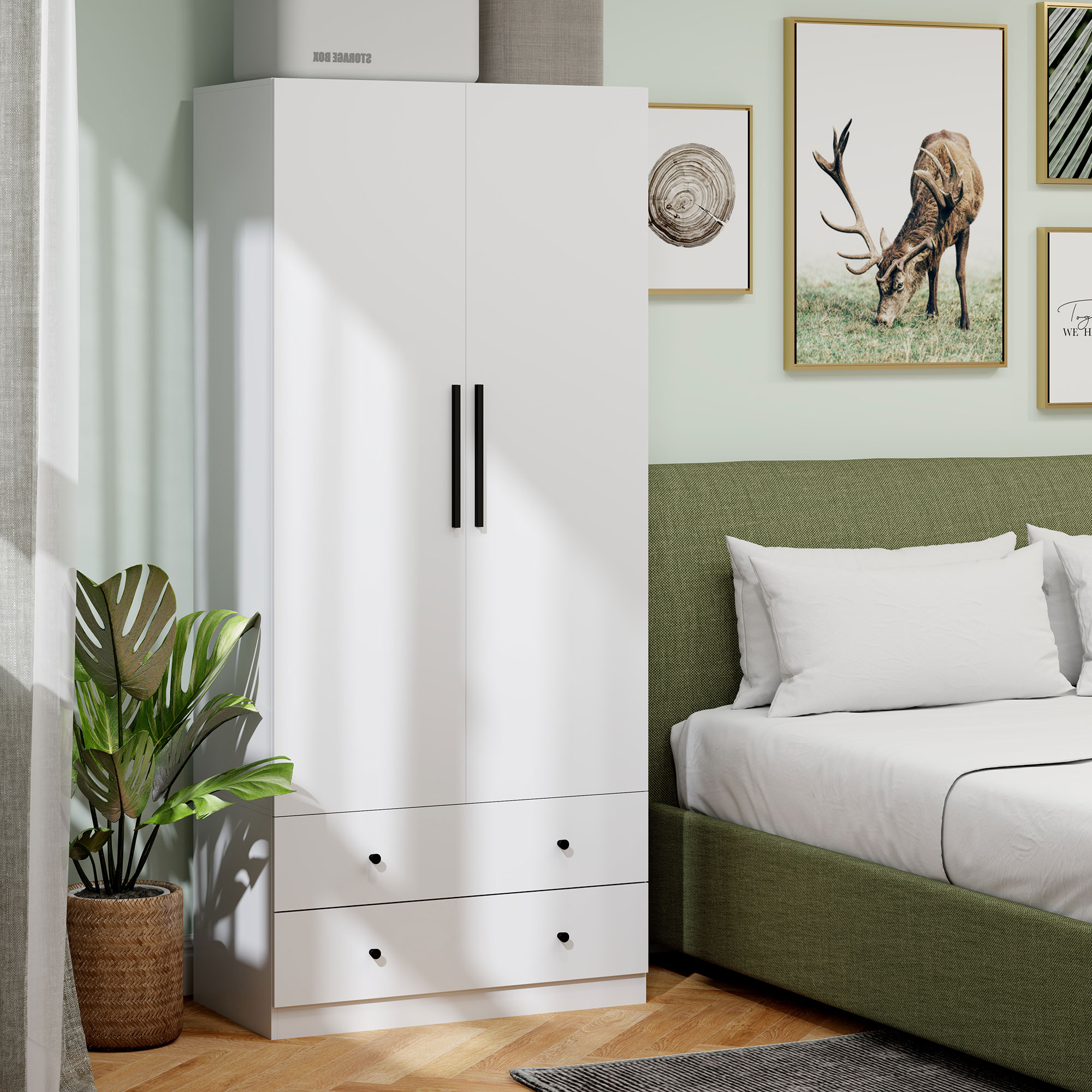 Kleiderschrank, 2 Türen, Hängebereich, Kleiderstange, 2 Schubladen, Spanplatte, Weiß