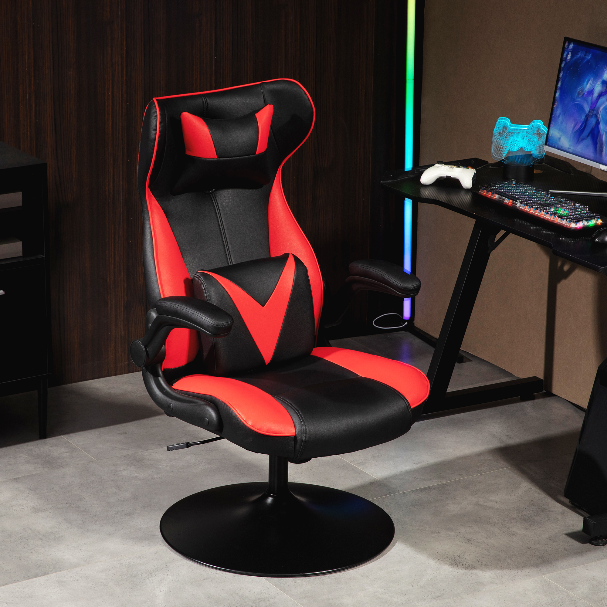 Gaming-Stuhl mit Schaukelfunktion, Drehstuhl, höhenverstellbar, gepolsterter Sitz, Metall, 67 x 71 x 112 cm, Rot