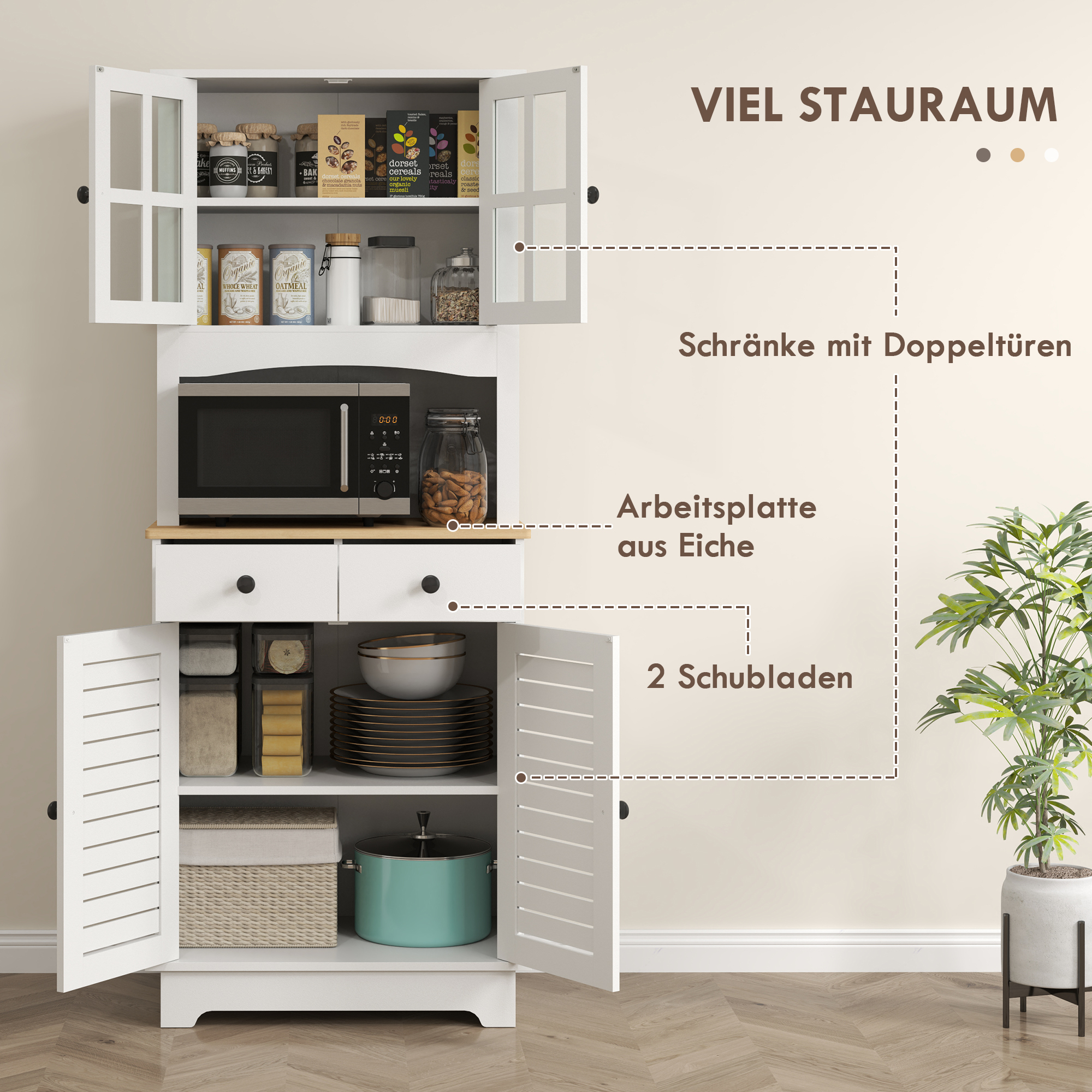 Küchenschrank mit Glastüren, 2 Schubladen, Geschirrschrank, Esszimmerschrank, Holz, 68 x 39,5 x 170 cm, Weiß