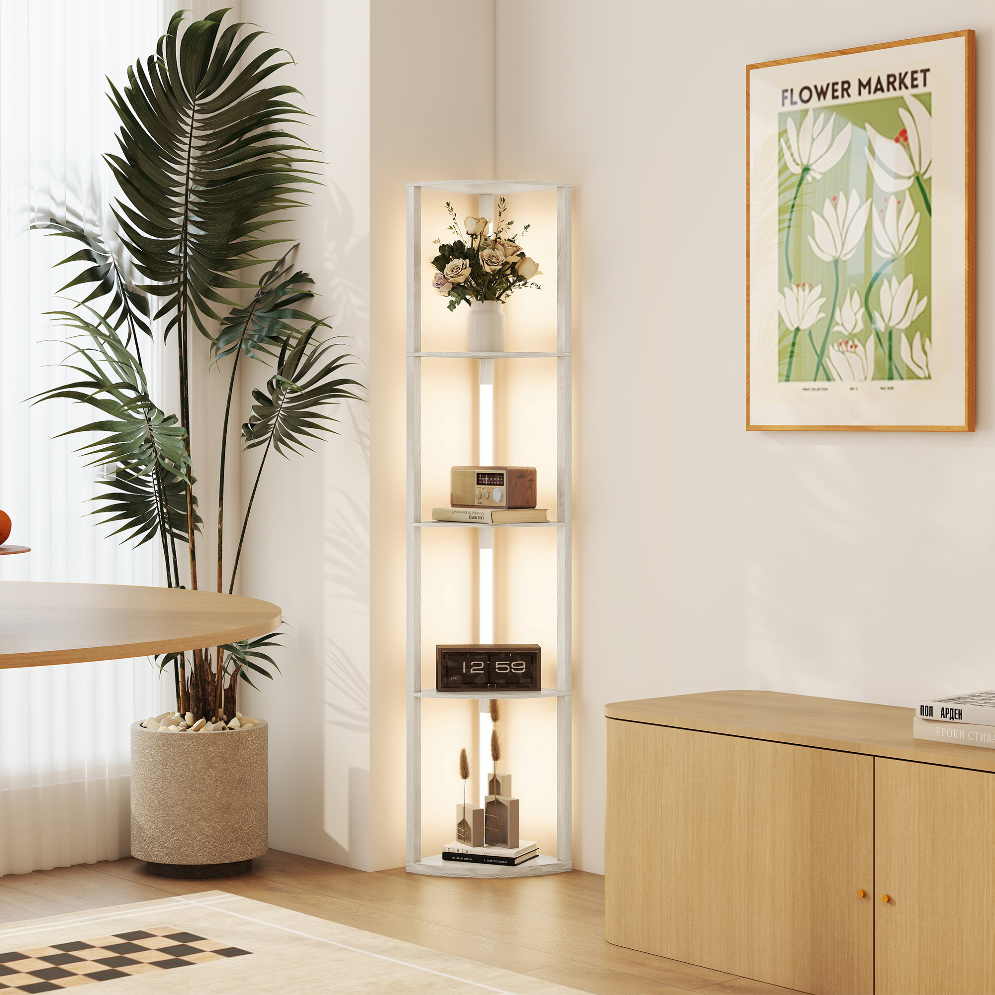 LED Standleuchte, Eckregal, dimmbar, 4 Ablagen, warmweißes Licht, 41x30x164cm, Eiche