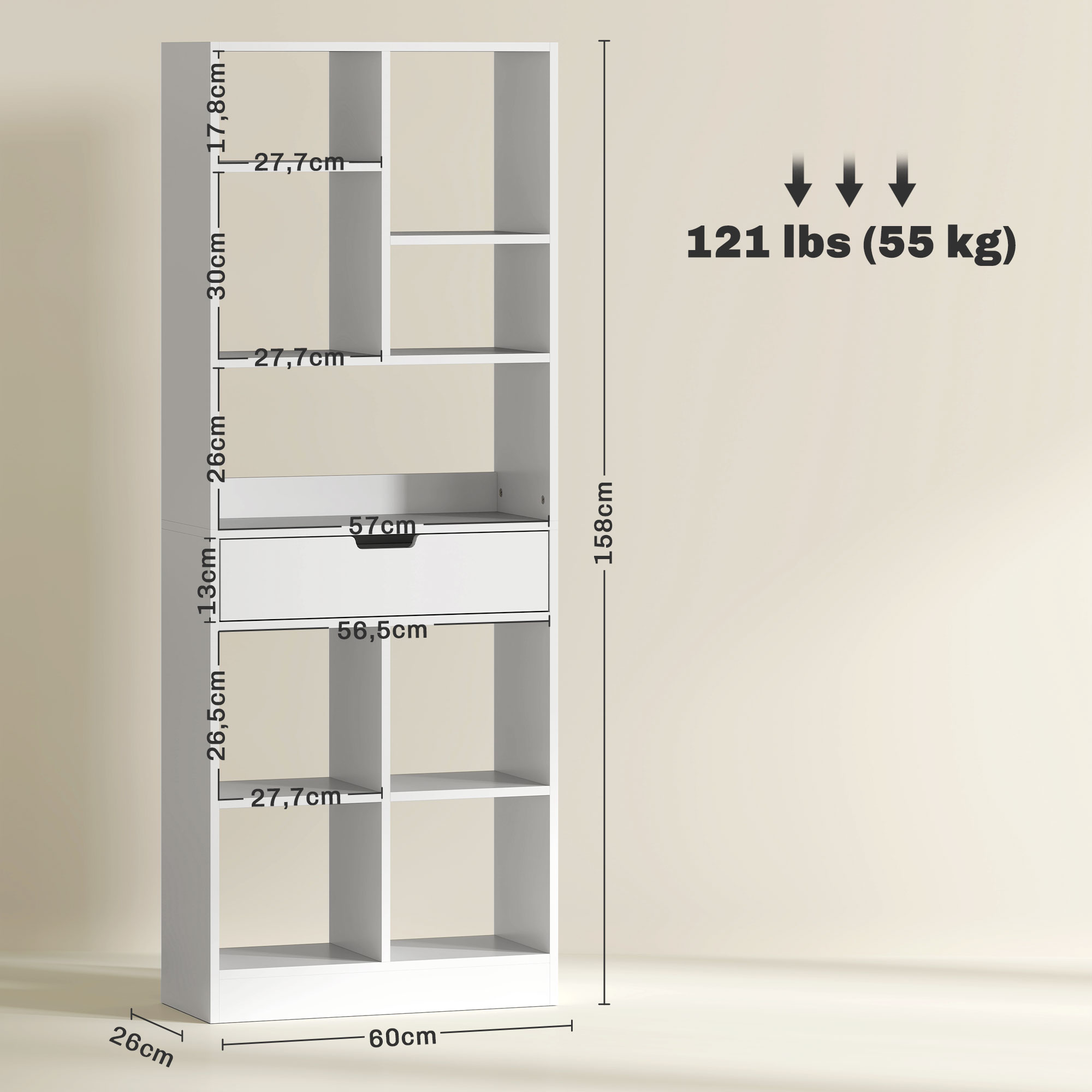 Bücherregal, Mehrzweckregal, 9 Fächer, Schublade, Kippschutz, 60 x 26 x 158 cm, Weiß