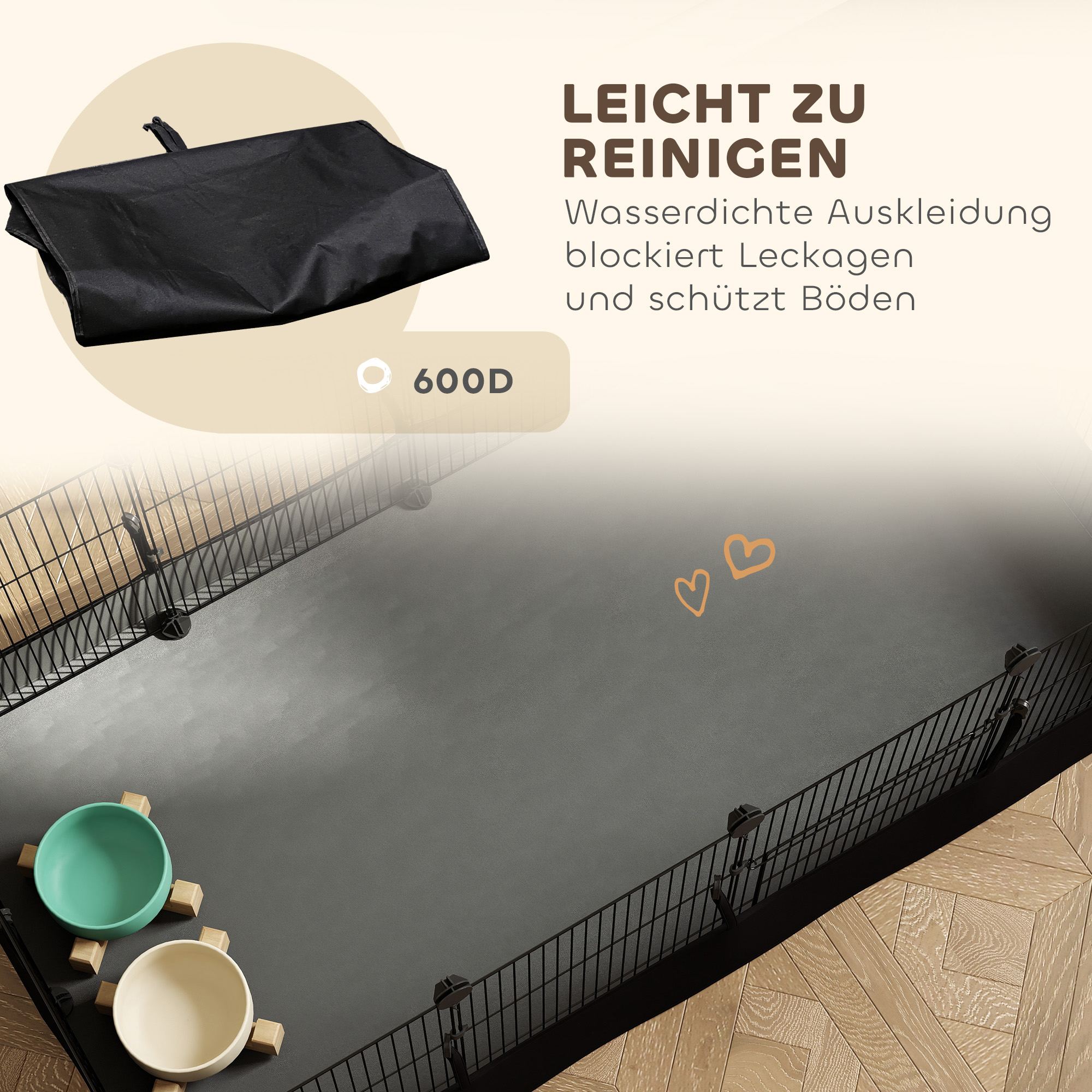 Kleintiergehege mit Bodenplatten Freilaufgehege Laufstall mit 12 Paneel, wasserdichte Matte, 120x60x40 cm, Schwarz