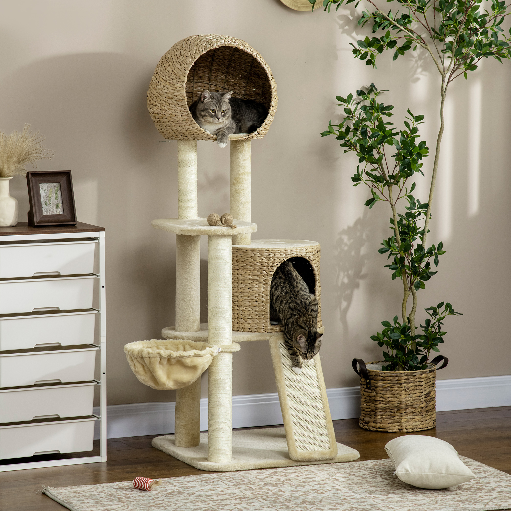 Kratzbaum, mit Katzenhaus, mehrere Plattformen, Hängematte, Kratzmatte, Kippschutz, beige, 60 x 60 x 150cm