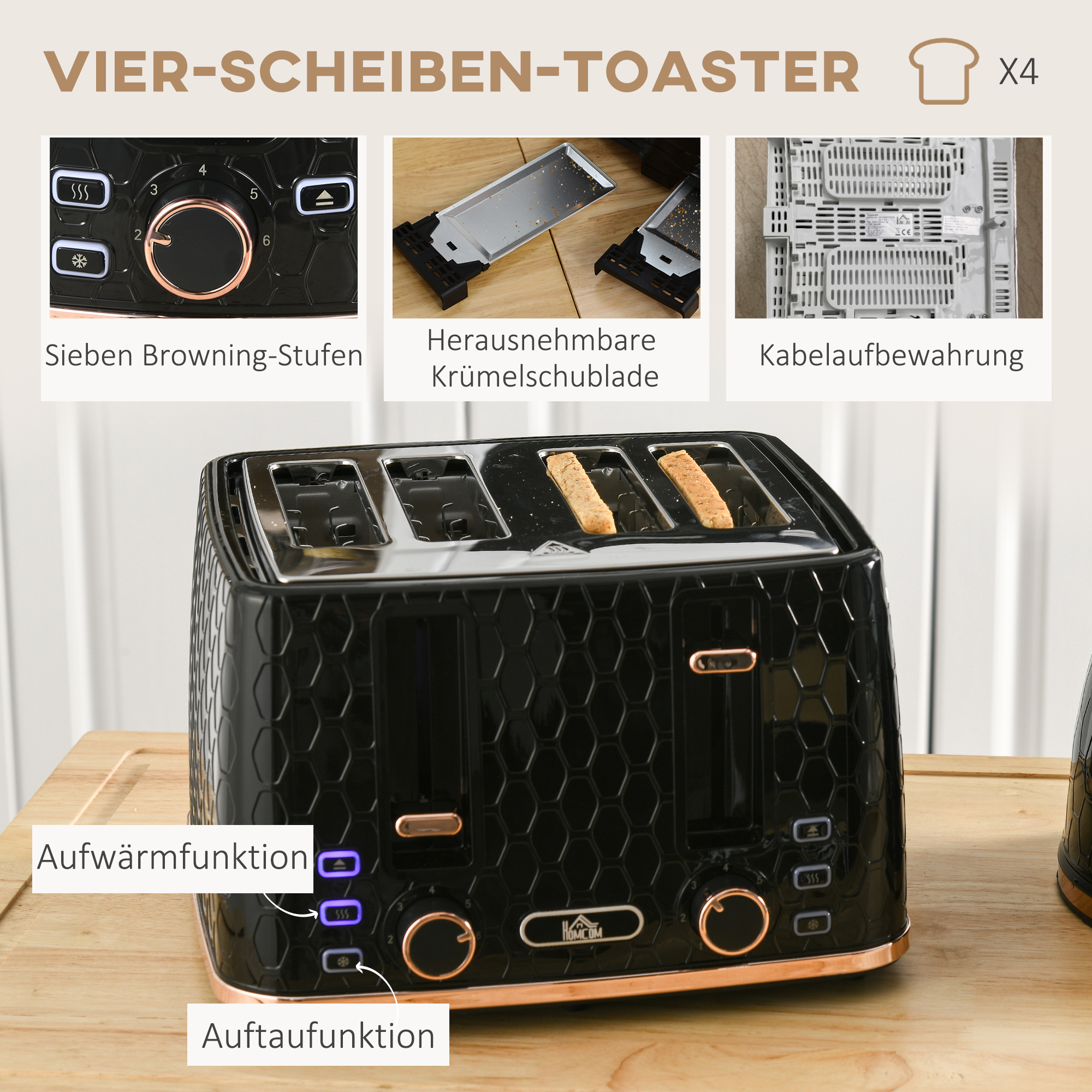 2-in-1 Küchenset, Toaster und Wasserkocher, mehrere Optionen, 1,7 L, 4 Toastscheiben gleichzeitig, Kunststoff, Schwarz