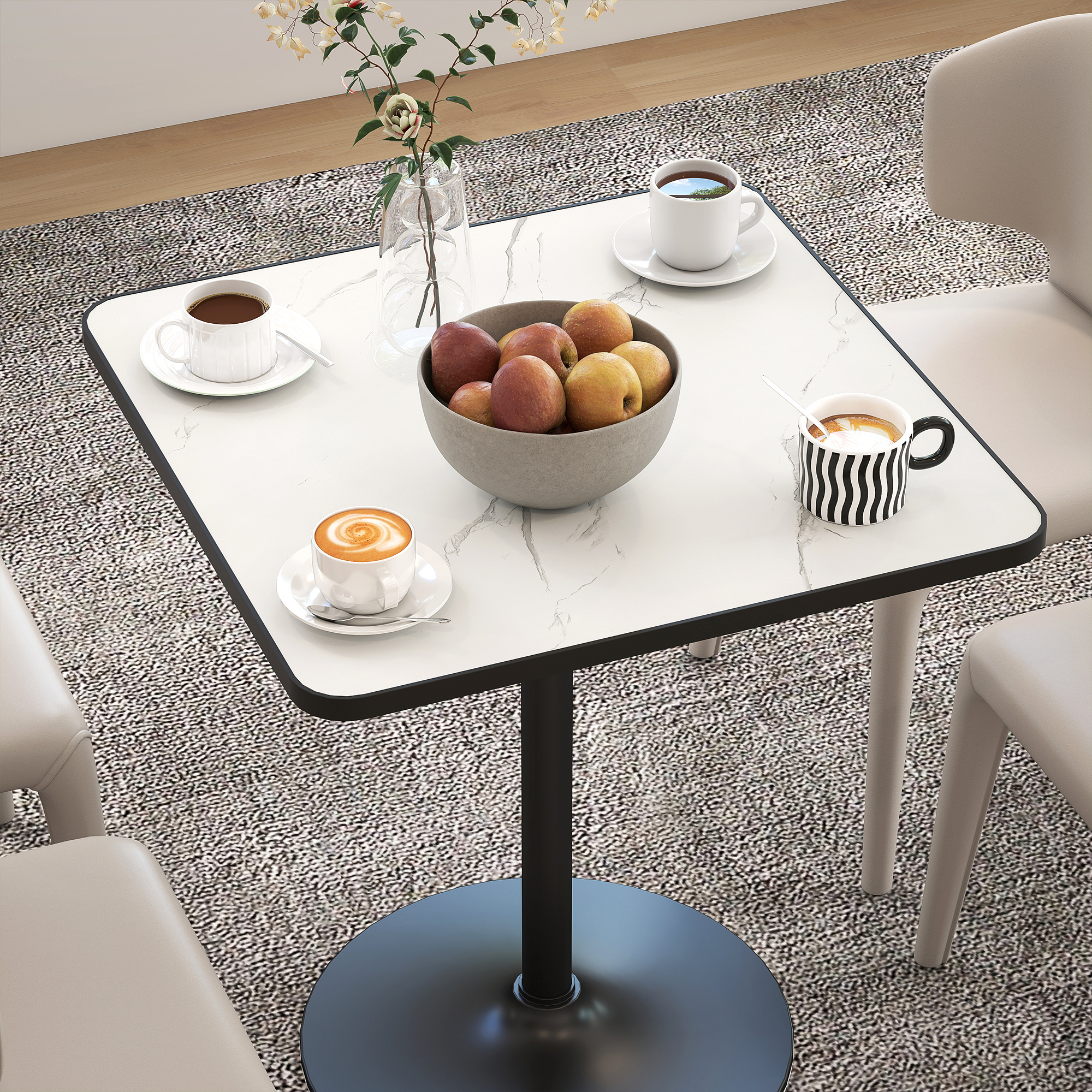 Esstisch, 70 x 70 cm quadratischer Küchentisch für 4 Personen mit Marmor-Optik für Küche Weiß