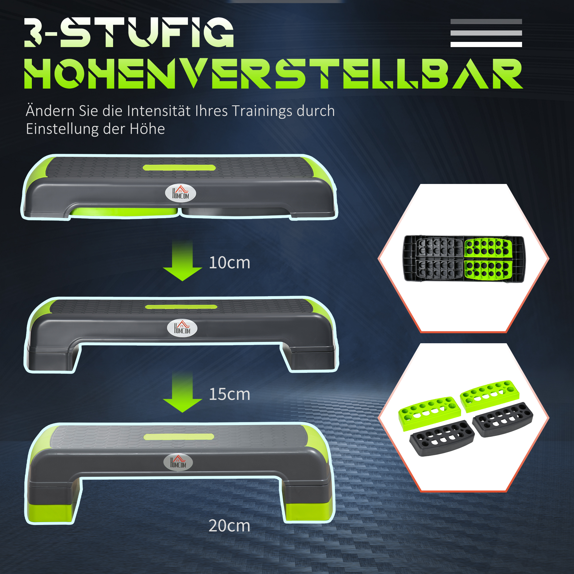 Aerobik-Stepper, 3-stufig höhenverstellbar, bis 150 kg, 78 x 28 x 20 cm, Grau/Grün