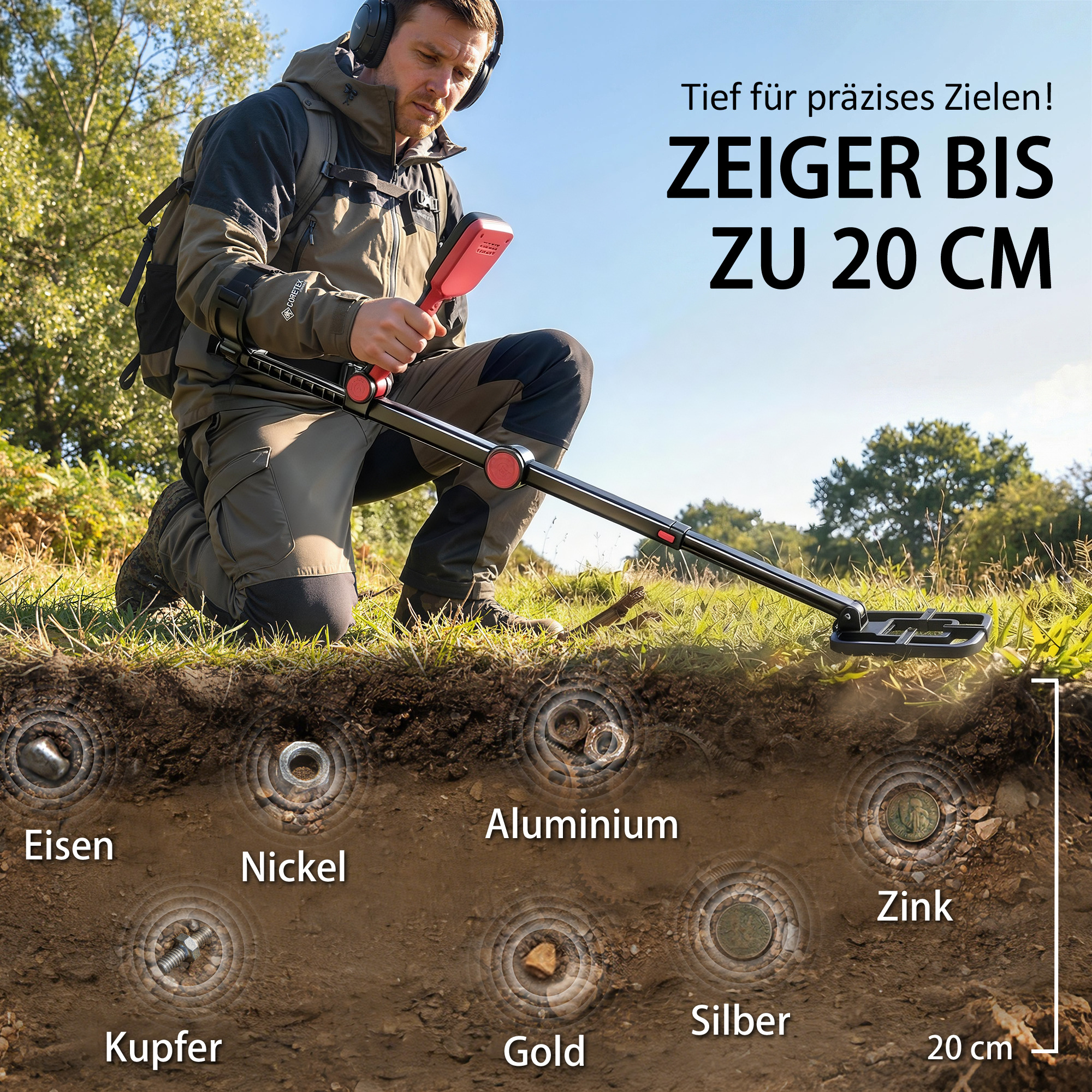 Metalldetektor IP68 Wasserdicht faltbar Metallsuchgerät mit 4 Modi Kopfhörer Schaufel Tragetasche LCD-Display