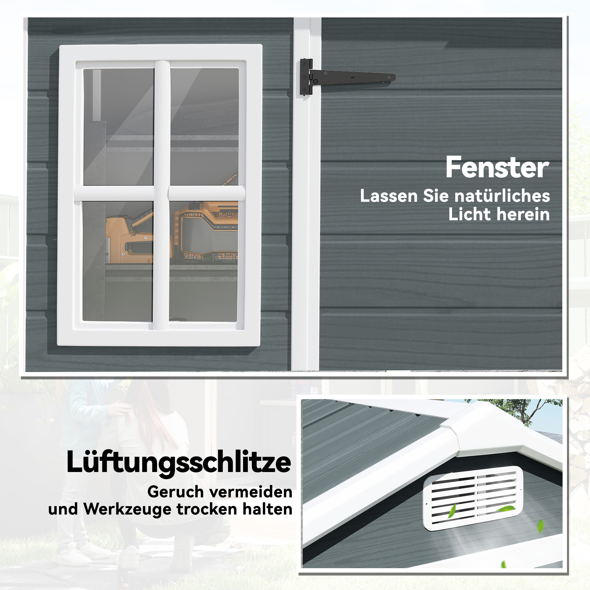 Gerätehaus 2,77 m², Geräteschuppen mit Holzoptik 2 Fenster Doppeltür Belüftung Boden Schloss Handschuhe