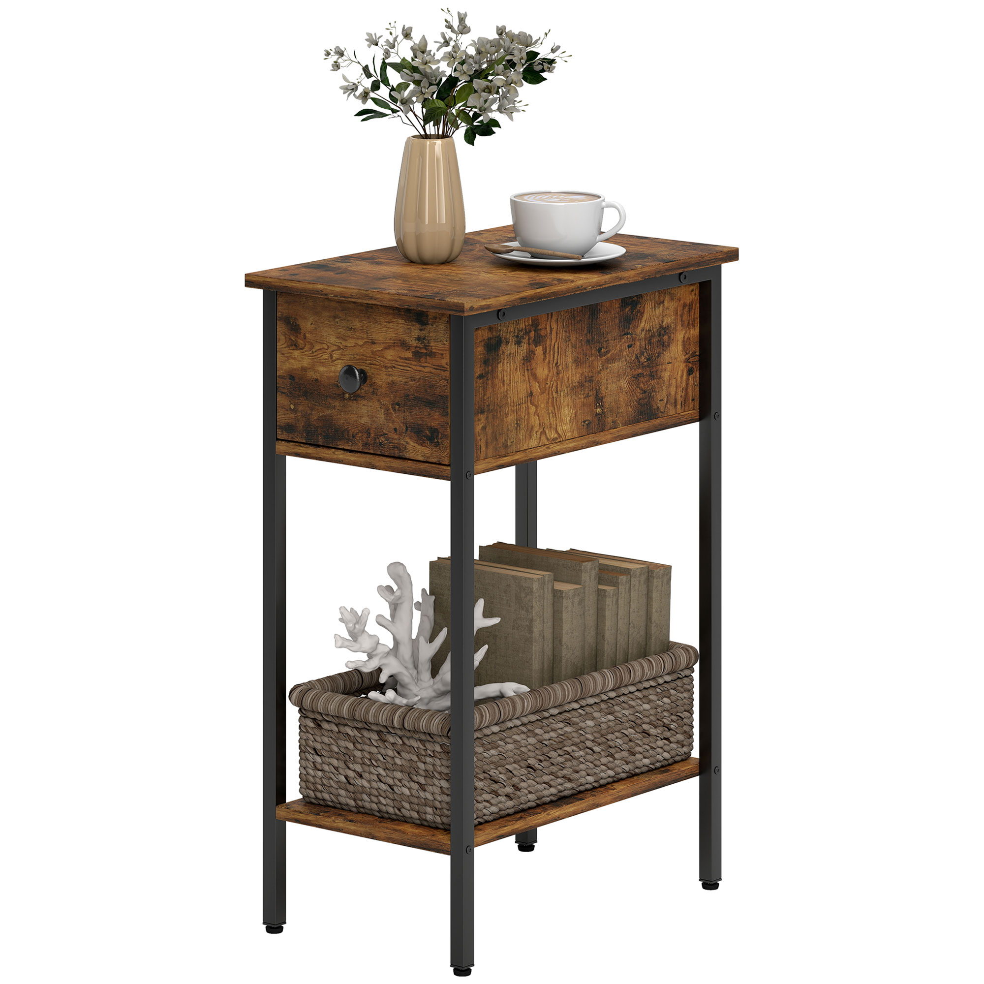 Beistelltisch mit offenem Fach und Schublade, Nachttisch, Metallbeine, Holz, Braun Beistelltisch mit offenem Fach und Schublade, Nachttisch, Metallbeine, Holz, Braun