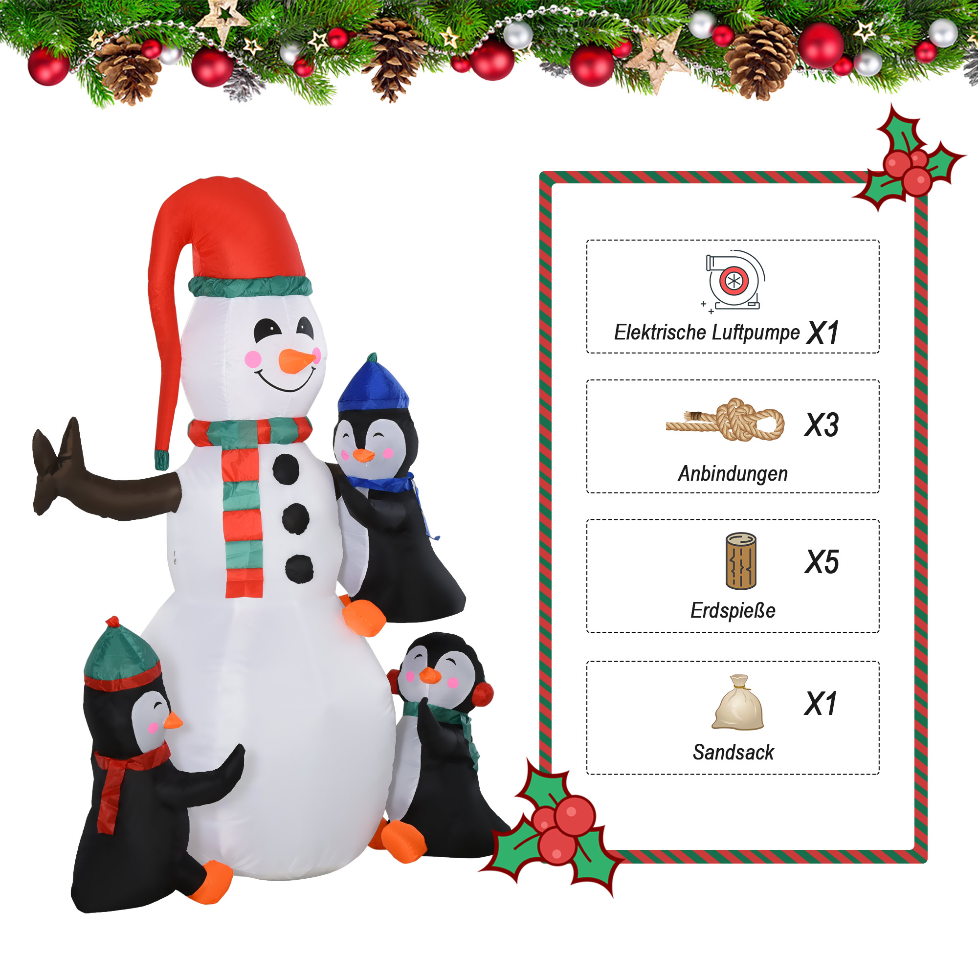 Schneemann Outdoor-Weihnachtsdekoration, inkl. Gebläse, bunte LED´s, selbstaufblasend 1,4 m, Mehrfarbig