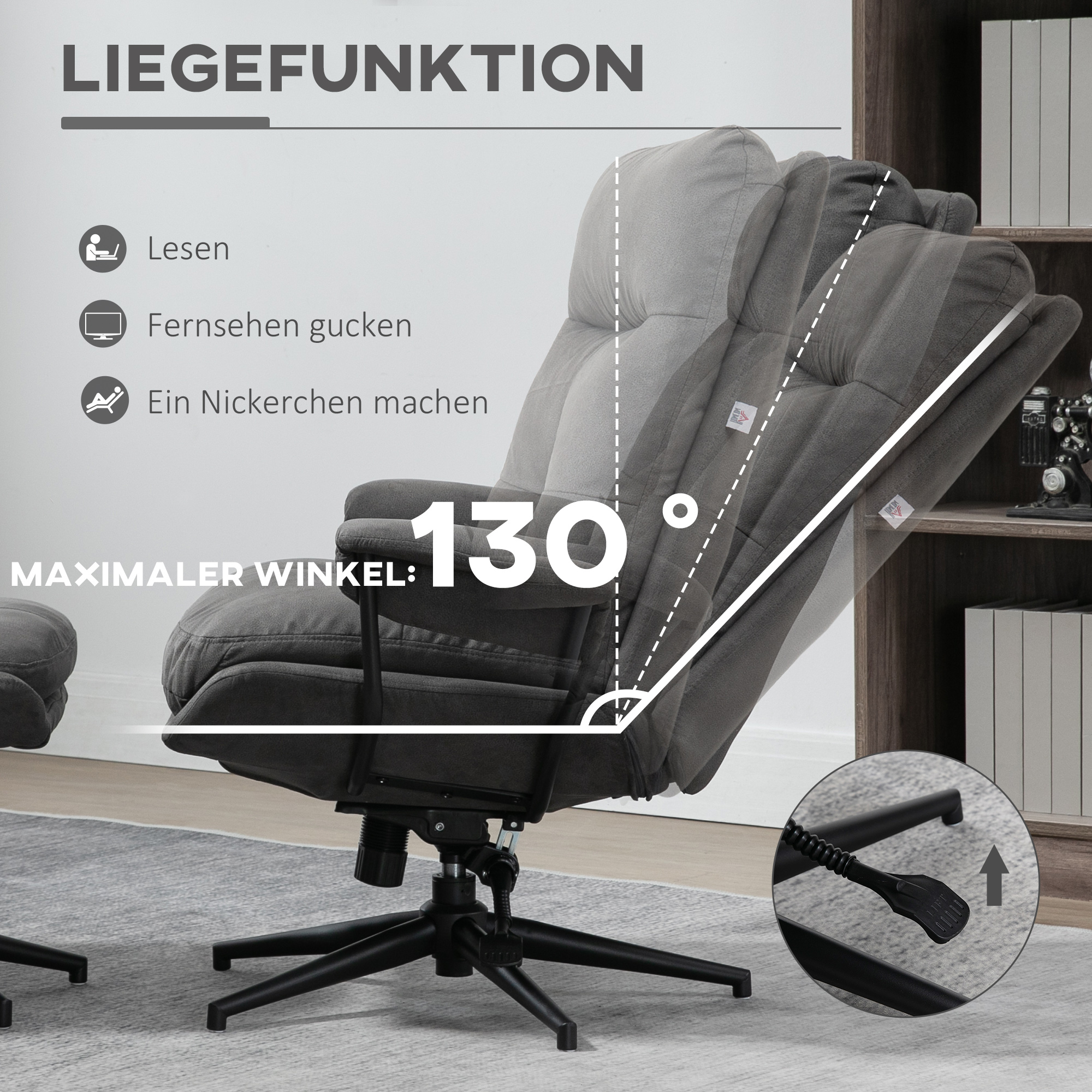 Relaxsessel mit Ottomane, Sessel mit Fußhocker, verstellbare Rückenlehne; Mikrofaser, Dunkelgrau