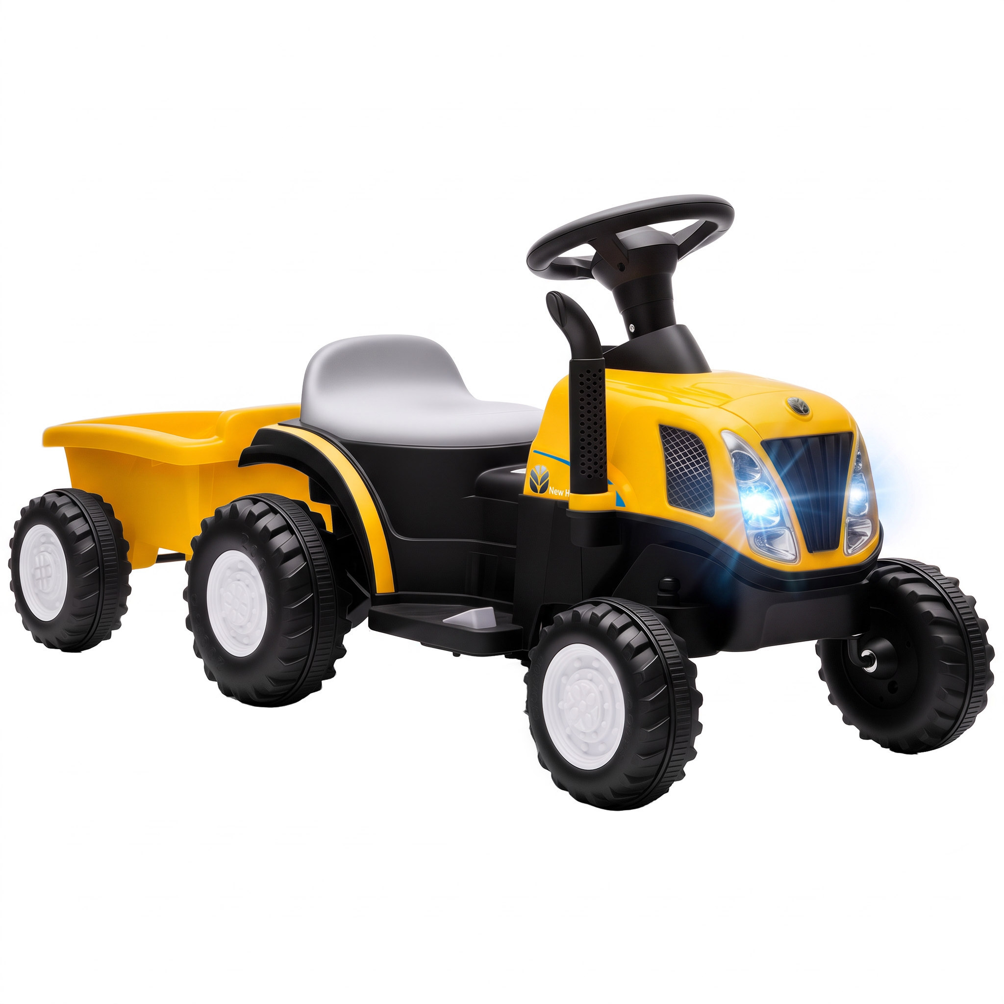 Kinder Traktor mit abnehmbar Anhänger Aufsitztraktor mit Lithium-Akku Fußpedal, Musik, Hupe Licht, Gelb
