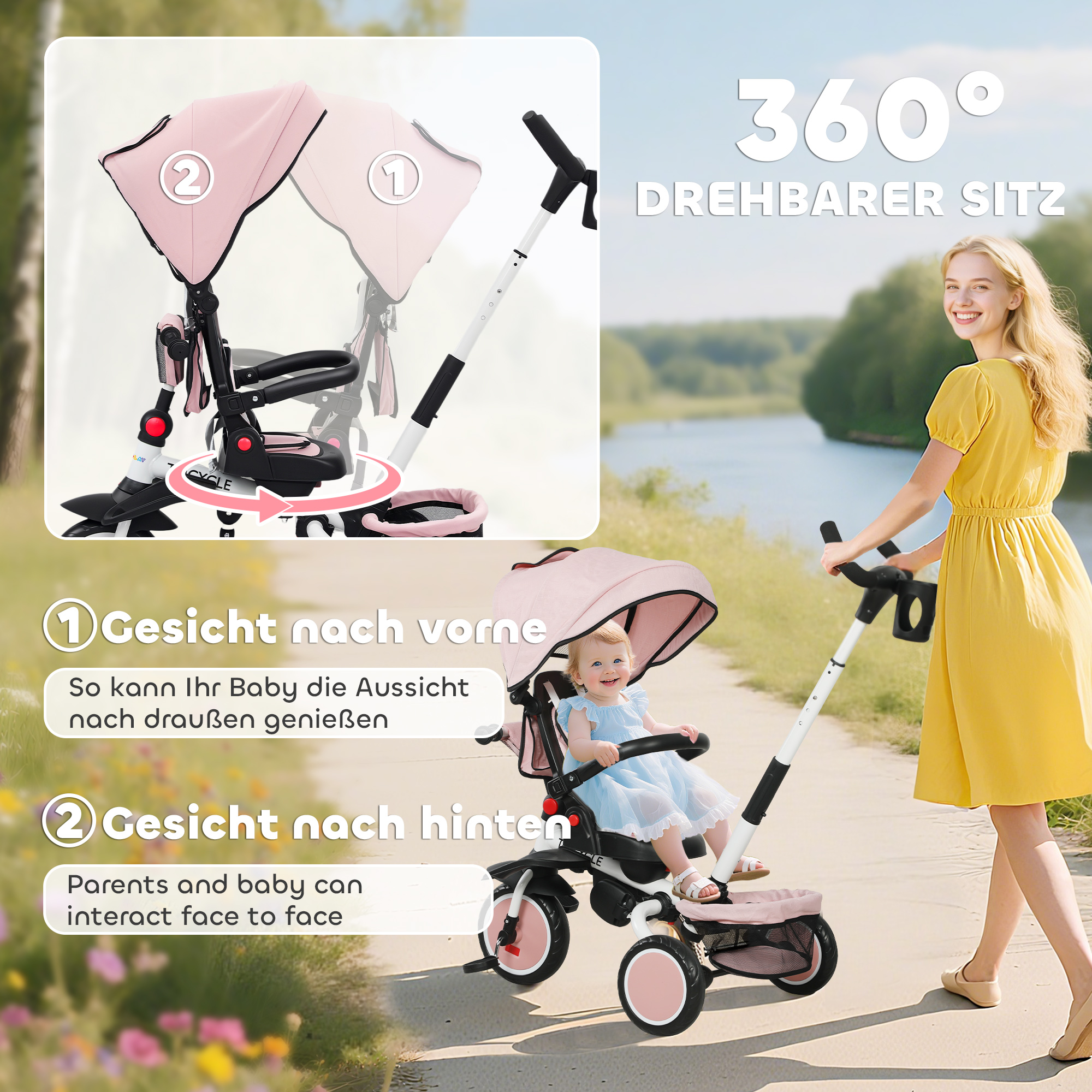 Kinderdreirad, 6-in-1 Buggy für Kleinkinder, mit Schiebegriff, verstellbarer Sitz, faltbares Design, Sicherheitsnetz