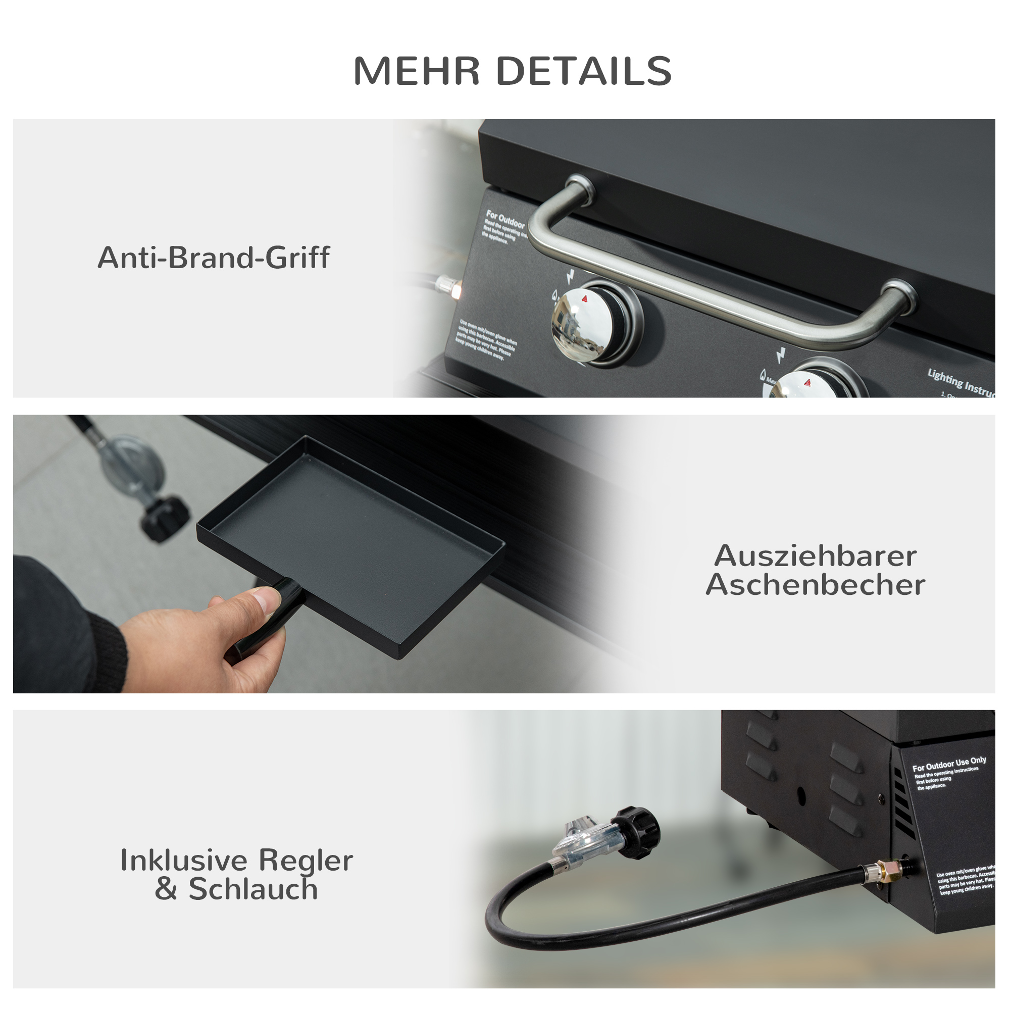 Tischgrill Gasgrill BBQ mit 2 Brennern mobiler Grillwagen Grillnetz klein Outdoor Tischgasgrill Picknick mit Druckminderer Schlauch Edelstahl Schwarz 55 x 46,5 x 41 cm