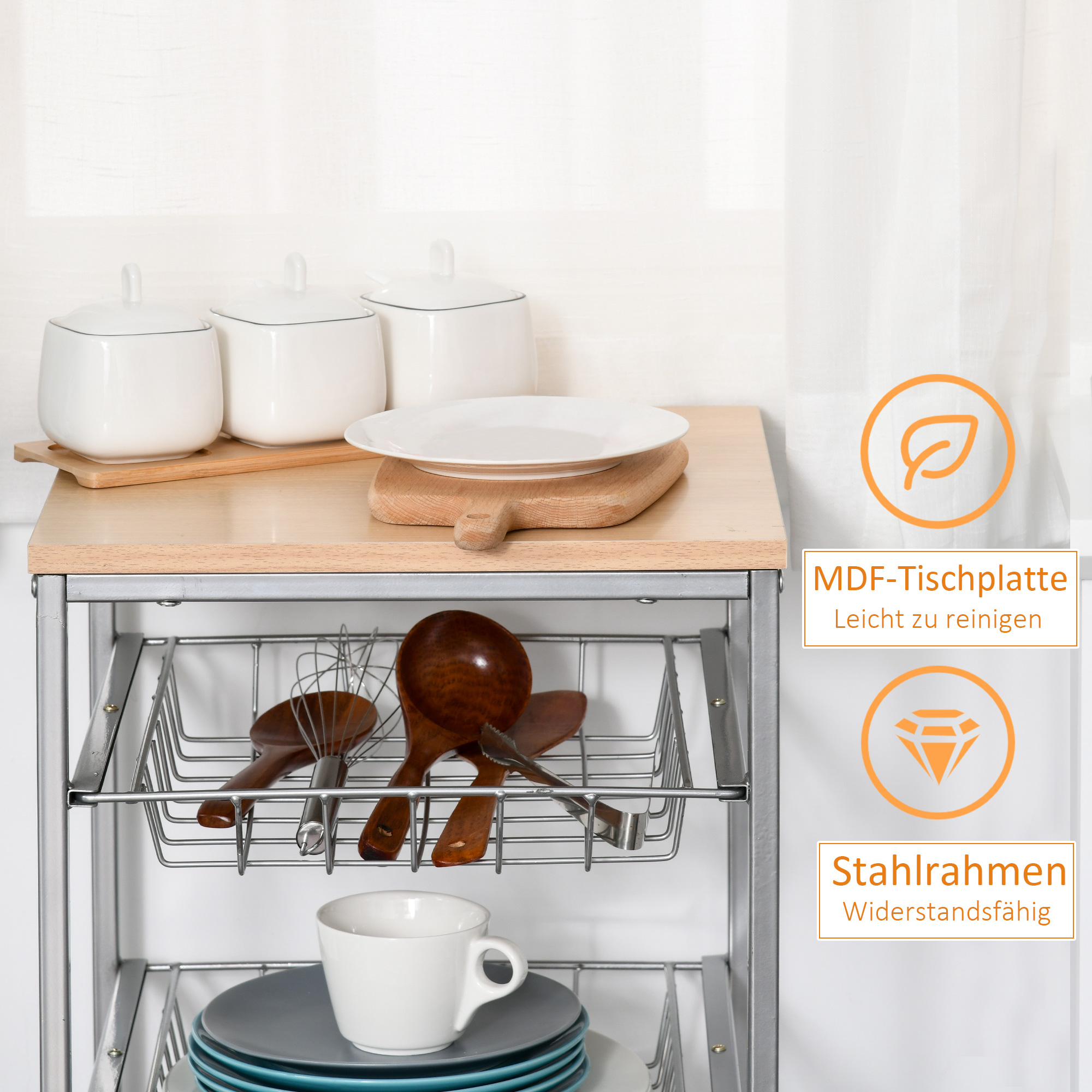 Küchenwagen Rollwagen mit 4 Ebenen Küchenregal mit Metallkörben, Allzweckwagen auf Rollen, Aufbewahrungswagen für Küche Bad Büro Wohnzimmer Silber