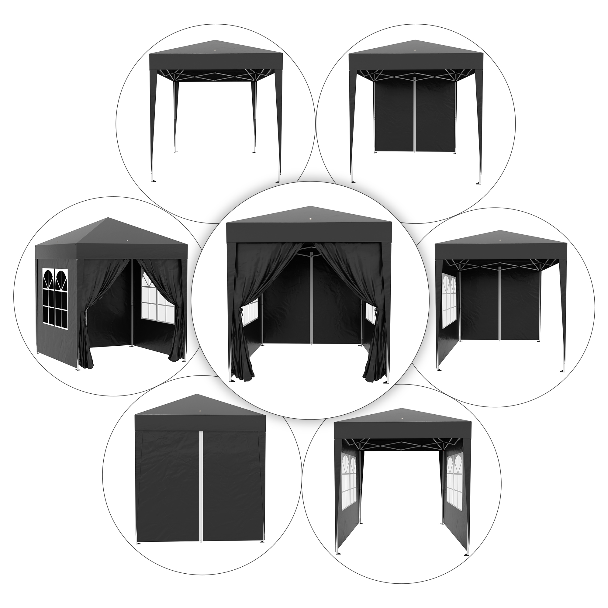 Faltpavillon, Bierzelt, 4 abnehmbare Seitenwände, 2 Fenster, Metallrahmen, 2 x 2m, Schwarz