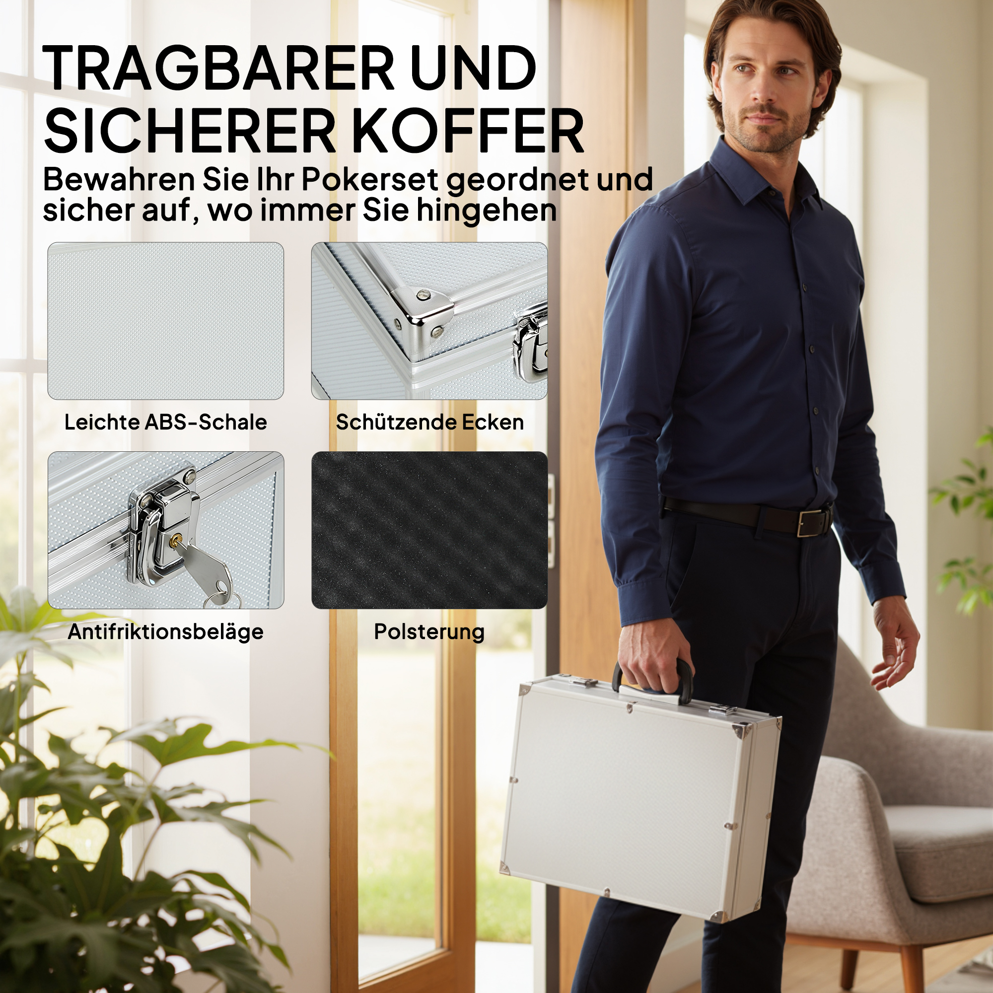 Poker-Set, 300 Chips, Würfel, 2 Kartendecks, Zubehör, Koffer, für 8 Spieler