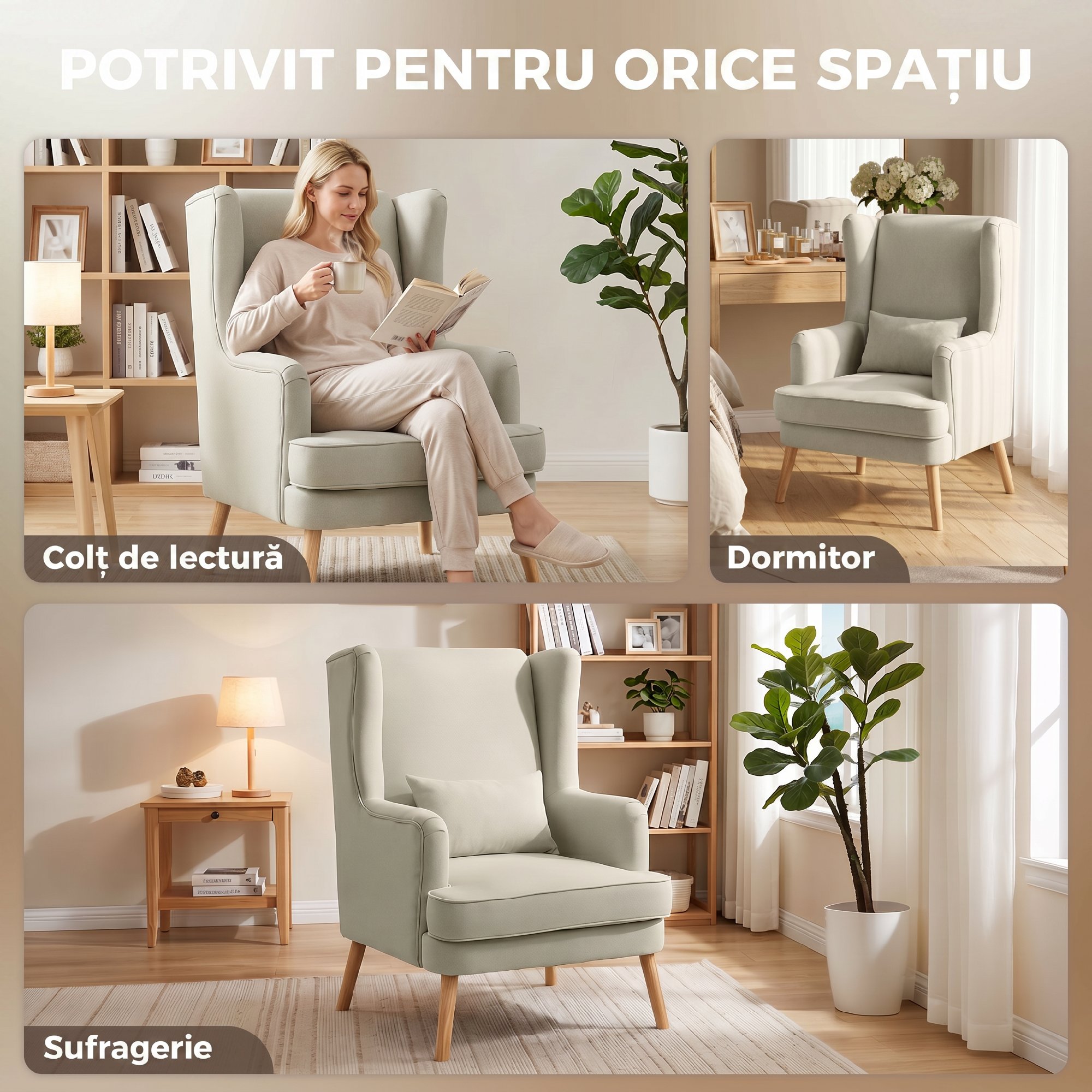 Akzentstuhl, Sessel mit Leinen-Optik, hoher Rückenlehne, breitem Sitz, Lendenkissen, Beige