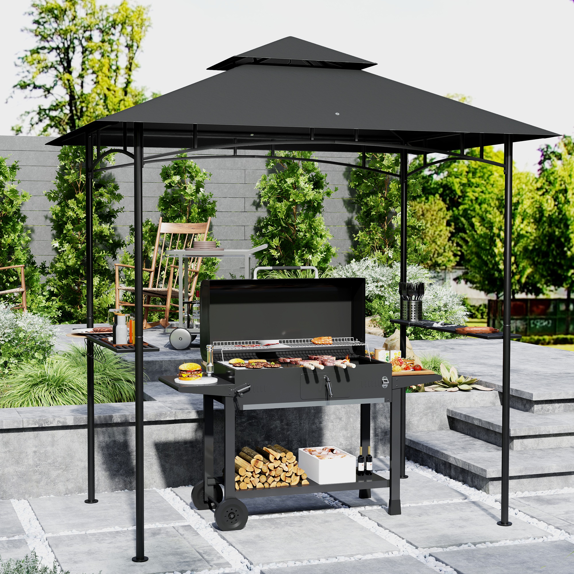 Grillpavillon mit LED 240 x 150 x 258 cm wasserabweisend flammhemmend Gartenpavillon mit Doppelschichtdach