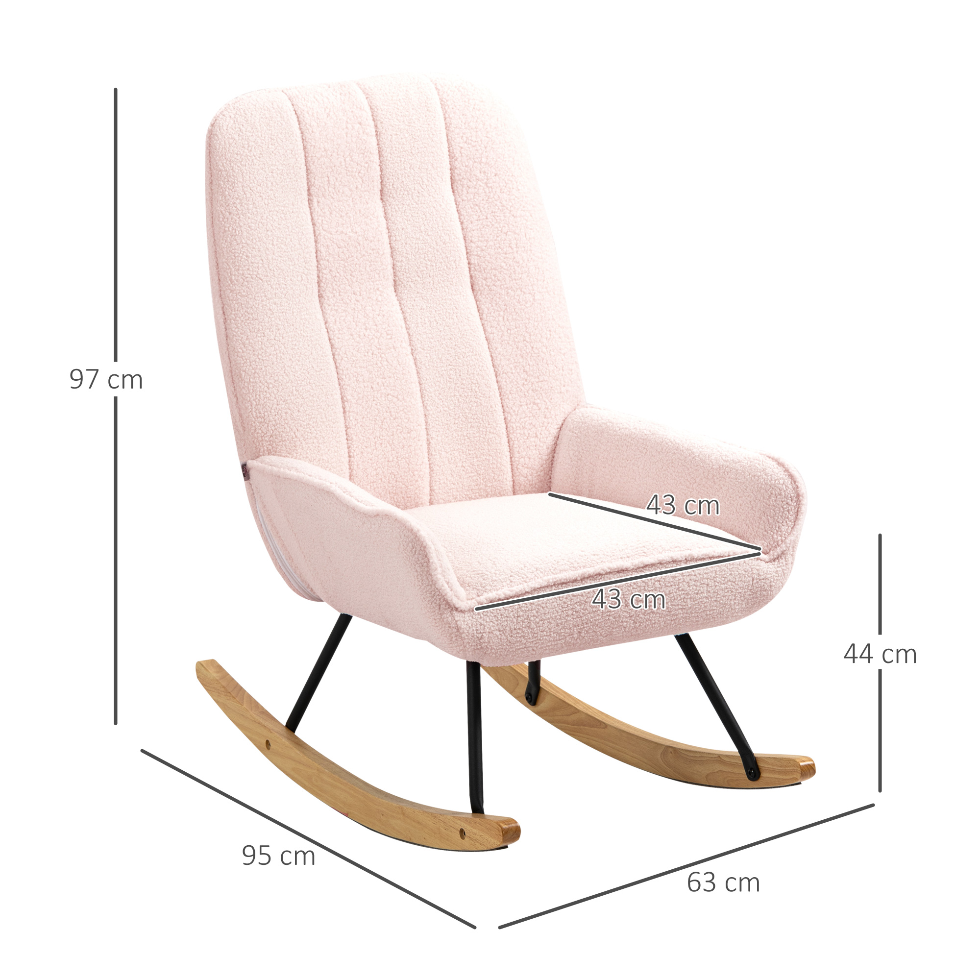 Schaukelstuhl mit Fleece-Bezug, Steppmuster, Kufen aus Kautschukbaumholz, bis 150 kg, Rosa