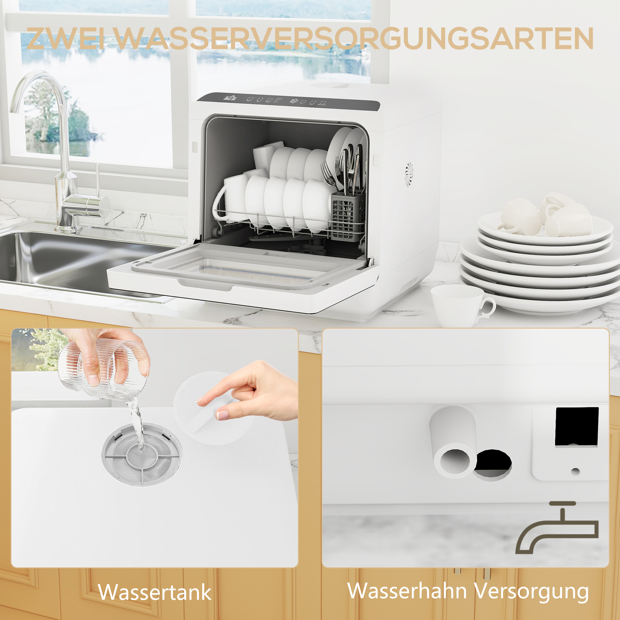 Tischgeschirrspüler, Mini-Geschirrspüler mit 6-Liter-Tank, 5 Programme, LED-Anzeige, Trocknungsfunktion, Weiß