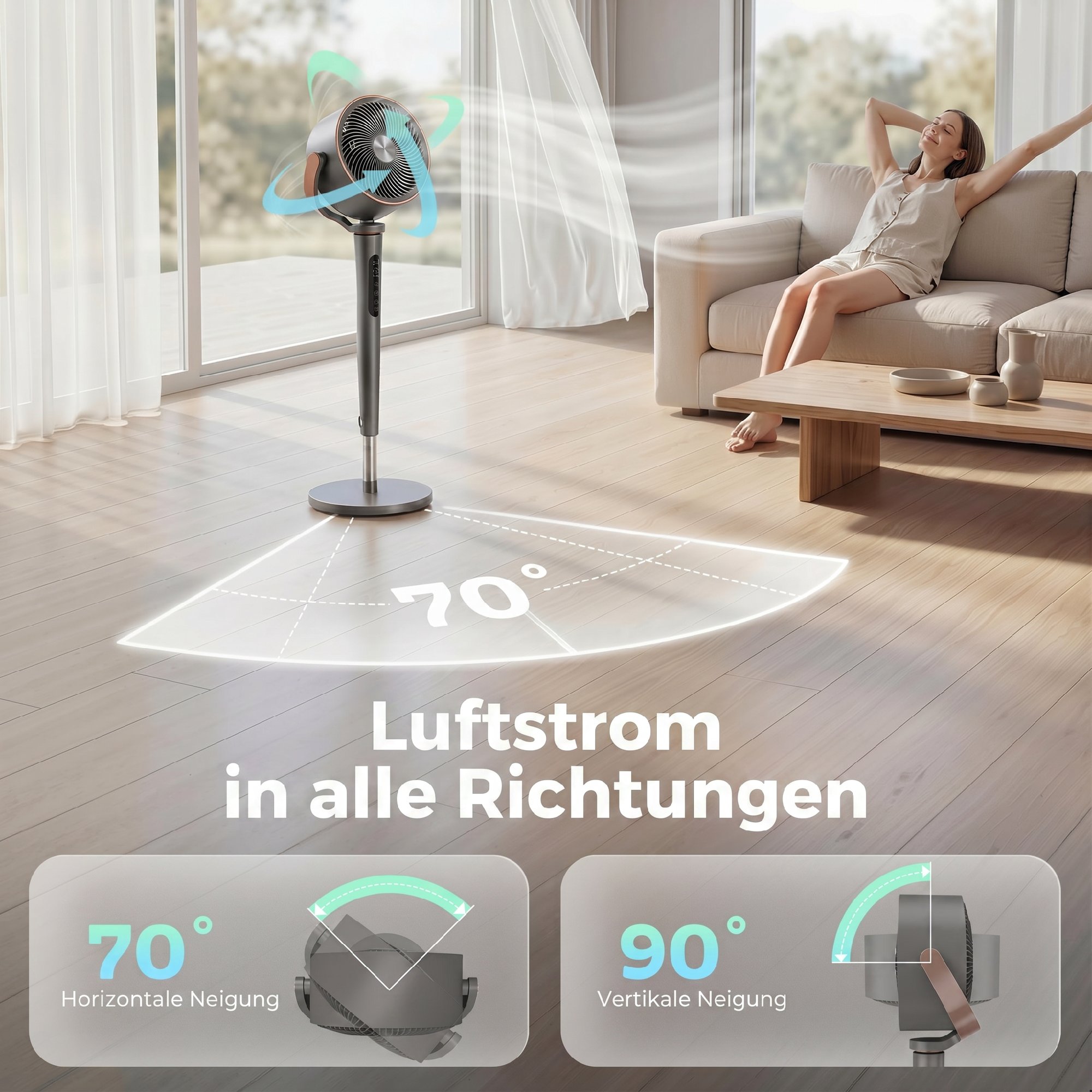 Standventilator Luftzirkulator Lüfter mit 12 Geschwindigkeitsstufen LED-Display Fernbedienung 70°+90° Oszillation Grau
