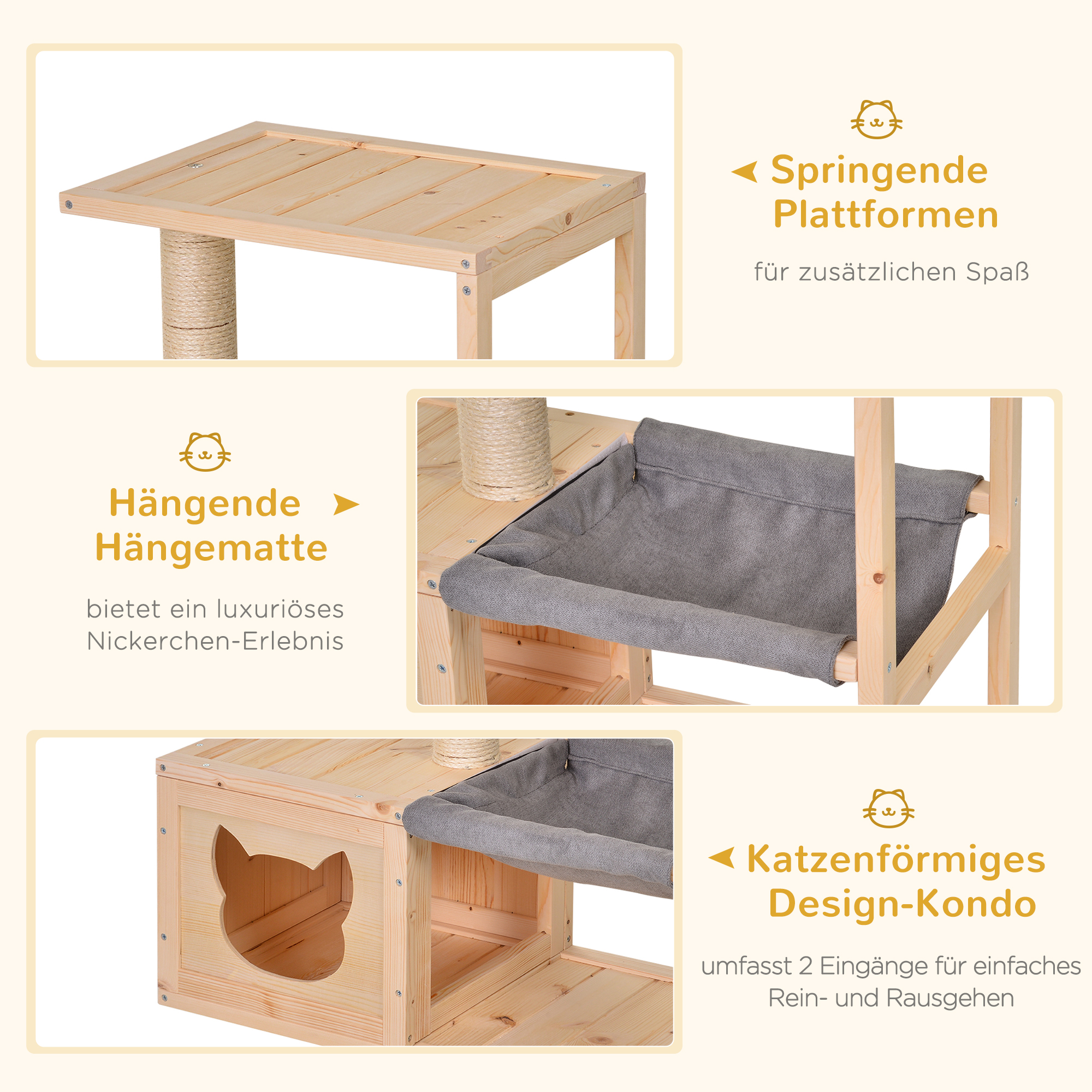 Katzenhaus mit Hängematte, Katzenkiste mit Sisalstamm, Katzenhöhle, Katzenbaum, Katzenaktivitätszentrum, Tannenholz, Natur, 70 x 35 x 60 cm