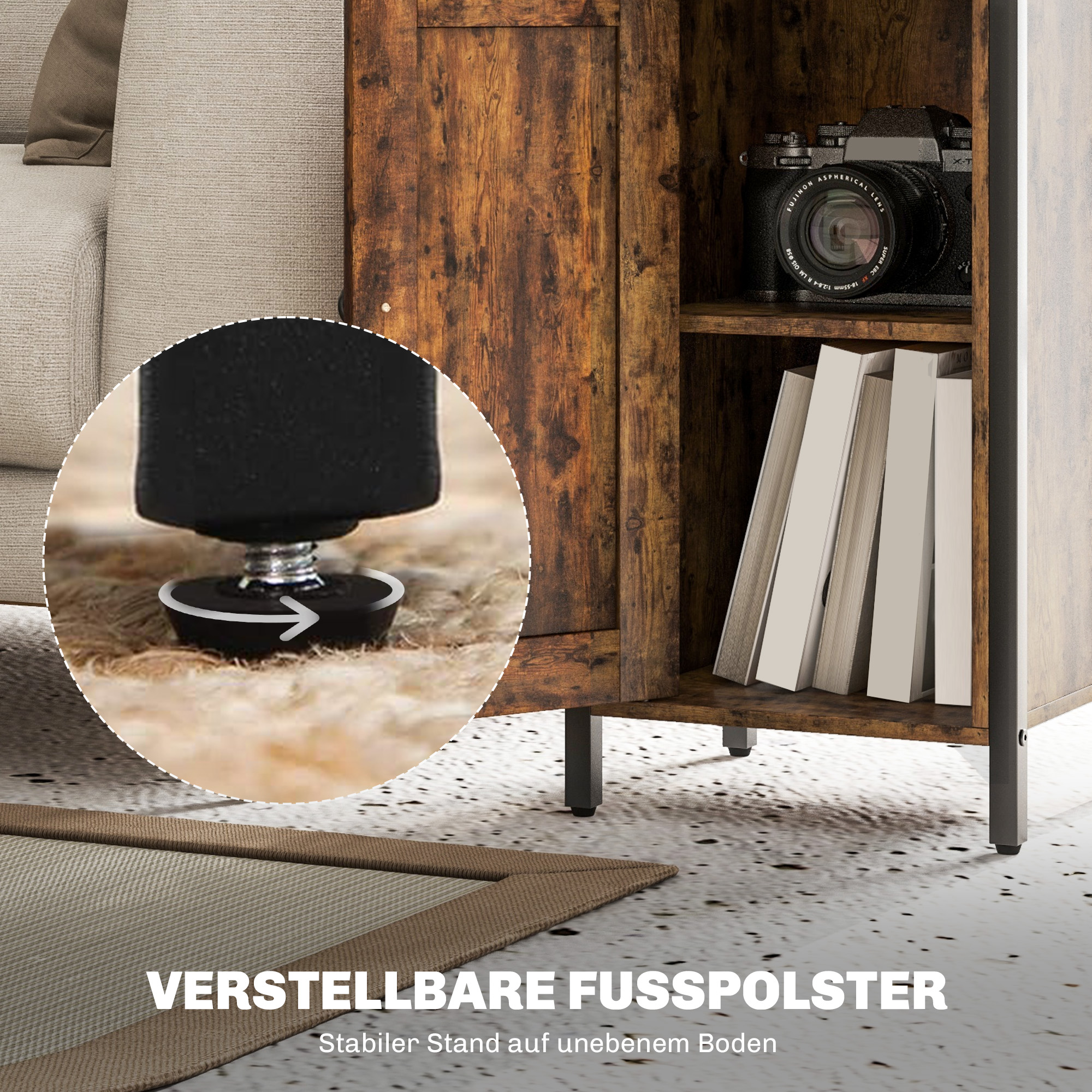 Beistelltisch mit Stauraum, 2 offene Regale, 3-stufig verstellbar, magnetische Tür, Braun