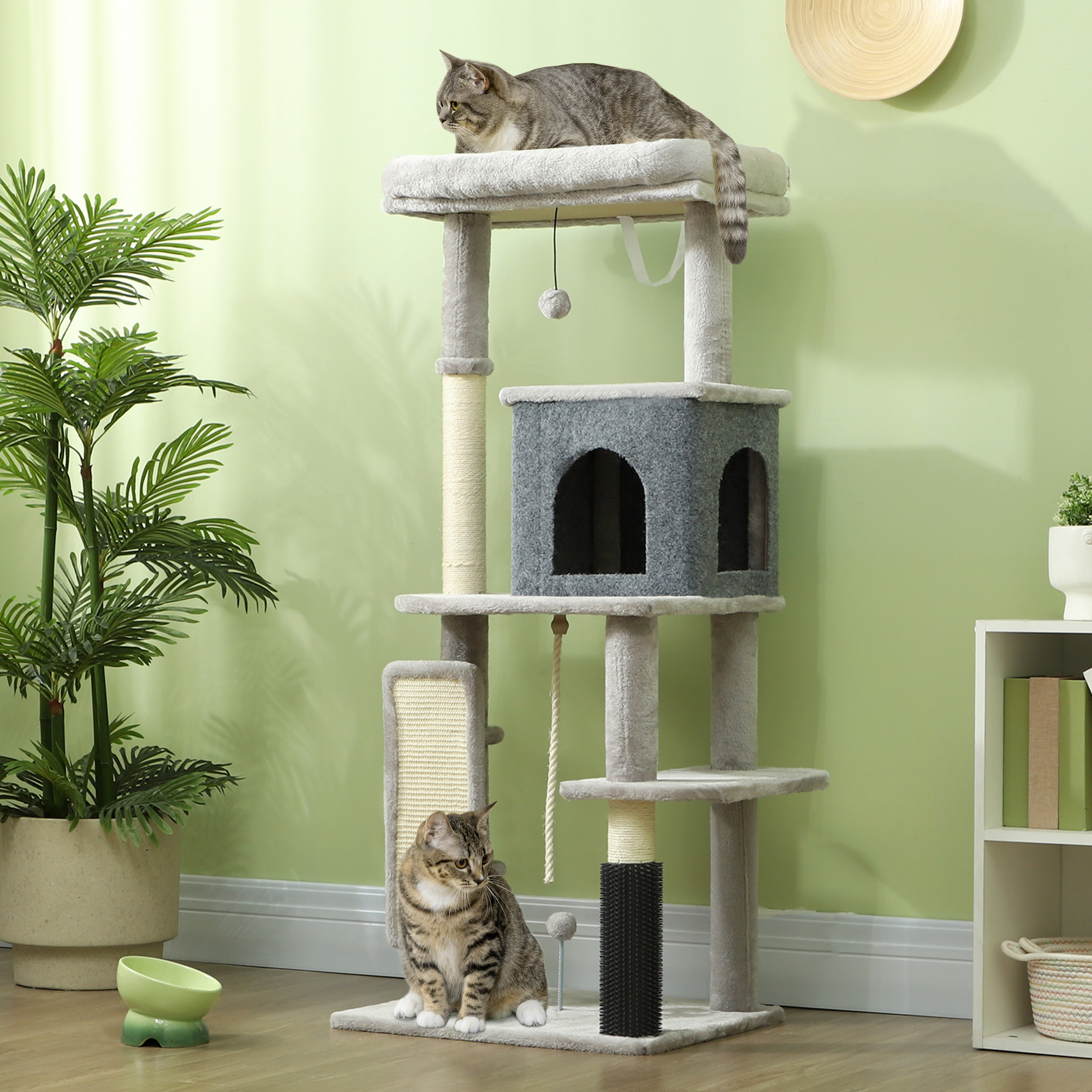 132 cm Katzenbaum mit Kratzpfosten, Bett, Haus, Sprungplattformen, Pflegebürste, Hellgrau