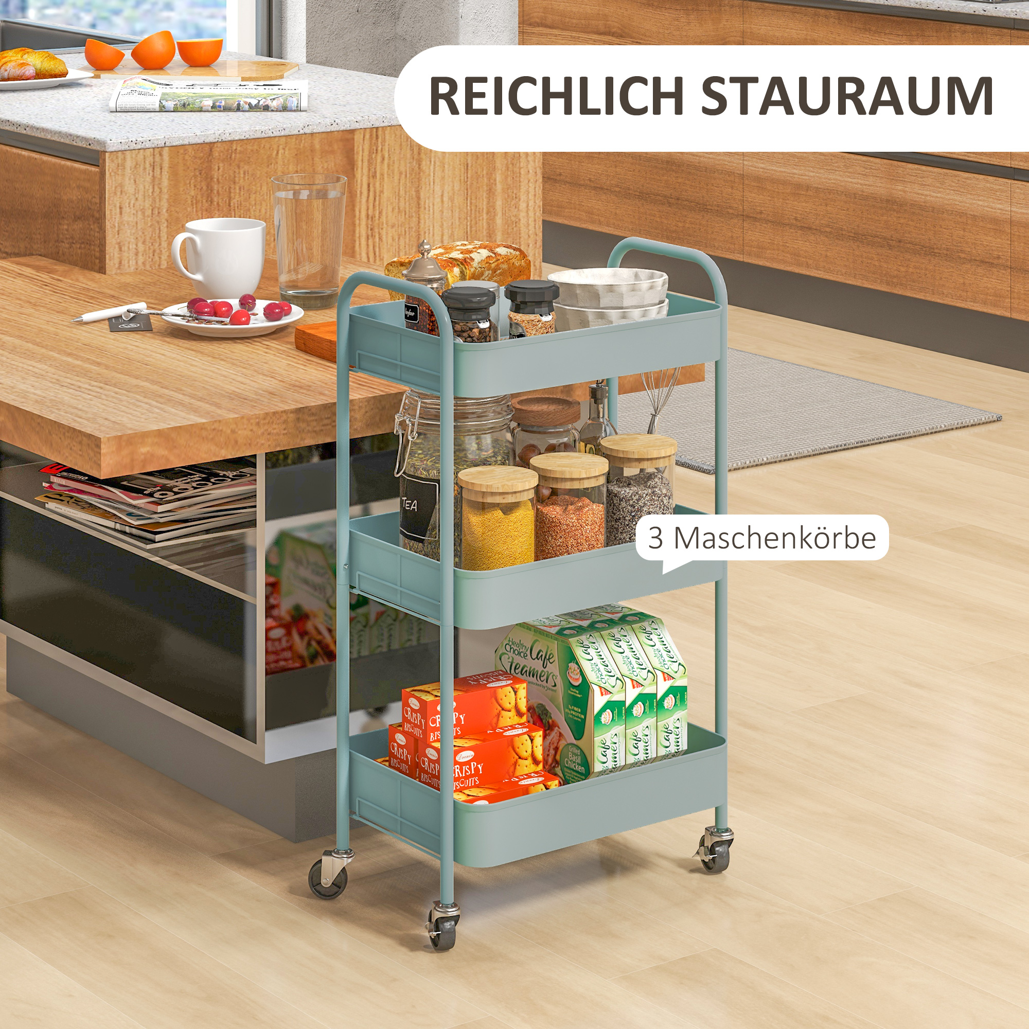 Mehrzweckwagen Rollwagen Küchenwagen, 3 Regale, 4 Rollen, 45 cm x 30,6 cm x 79 cm, Hellblau