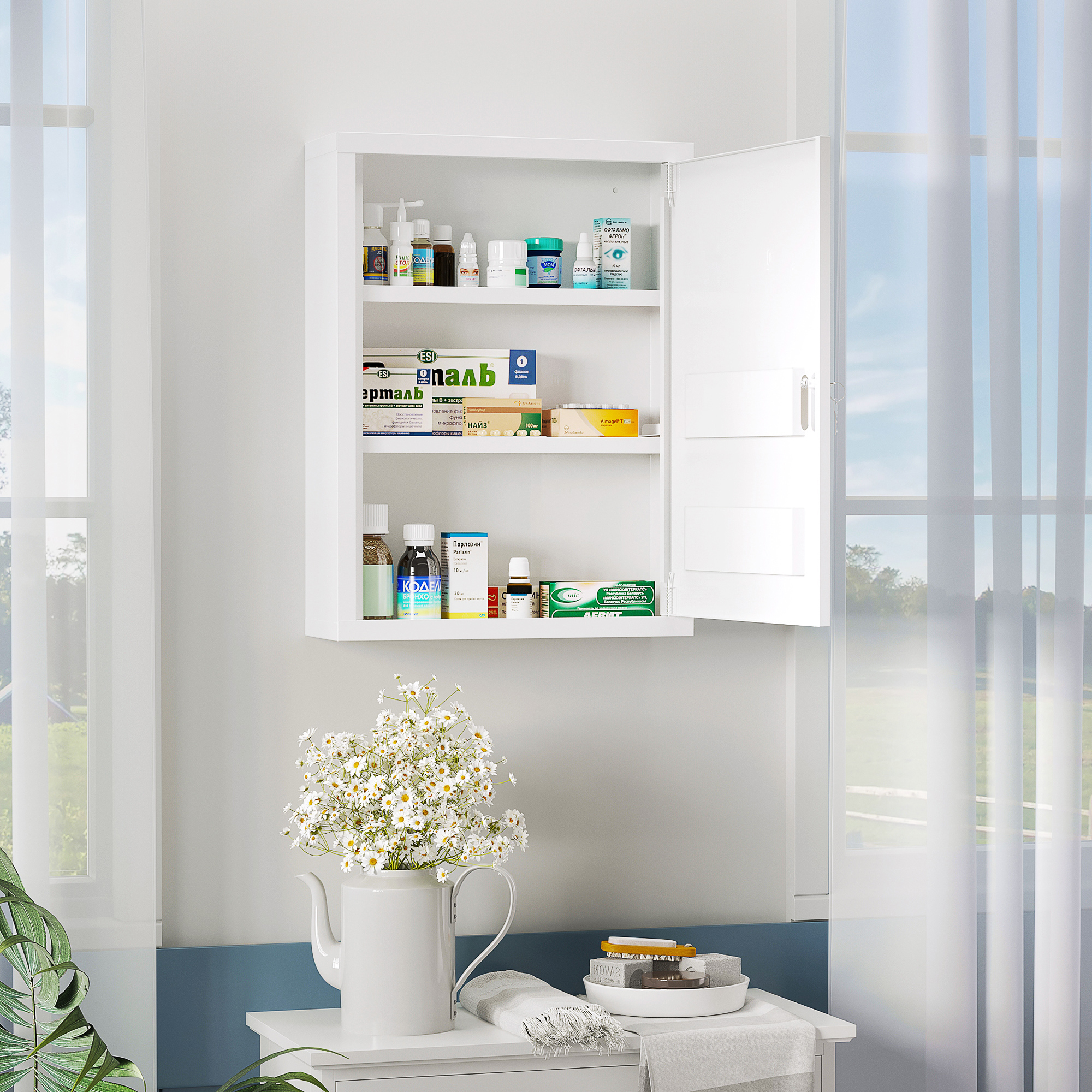 Medizinschrank, 3 Fächer, abschließbar, mit Rezeptfach, stabiles Stahlgehäuse, weiß, 40 x 15 x 53,5 cm