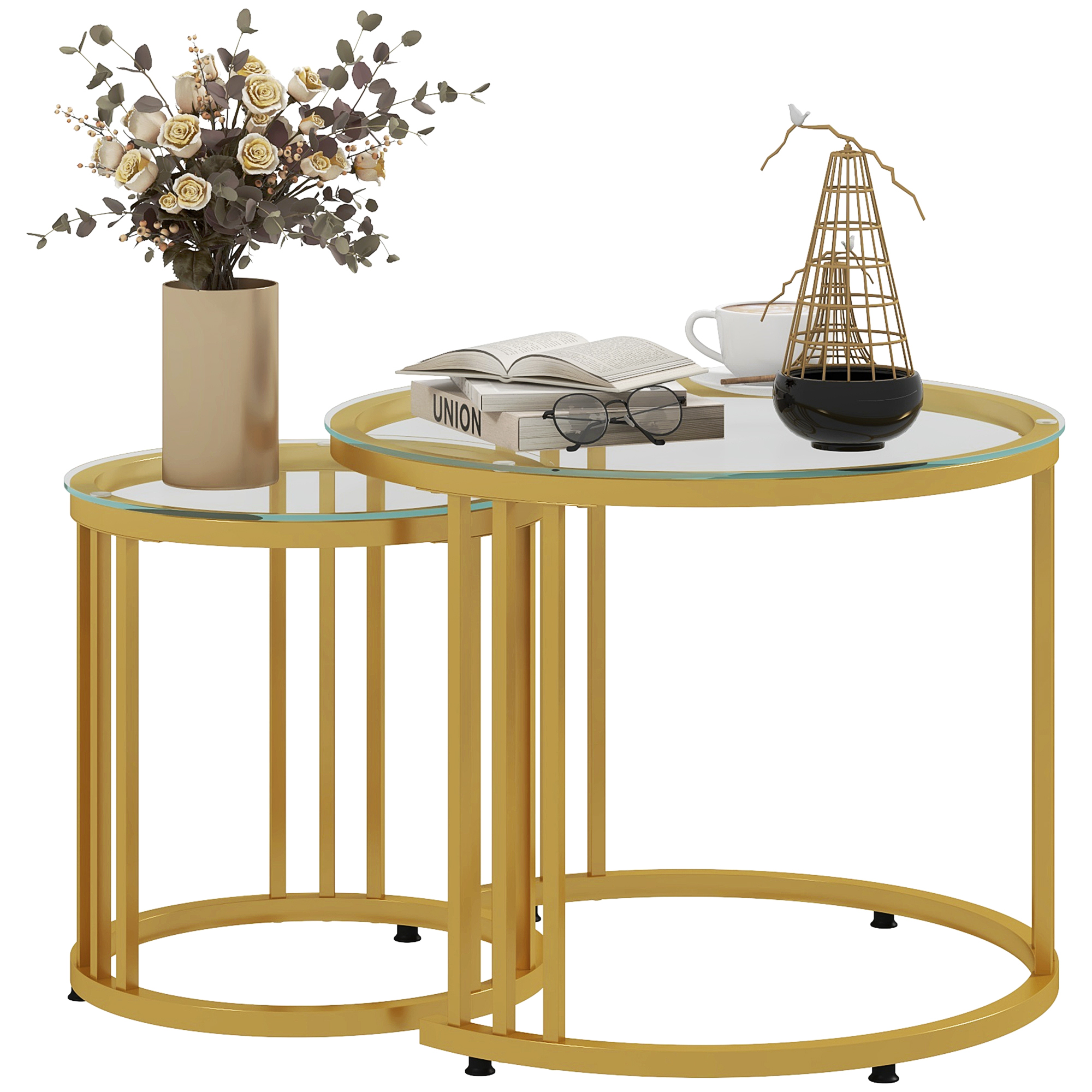 Beistelltisch-Set, 2 Satztische, Karbonstahl, Glasplatte, Ø60x47/Ø40x42 cm, Gold