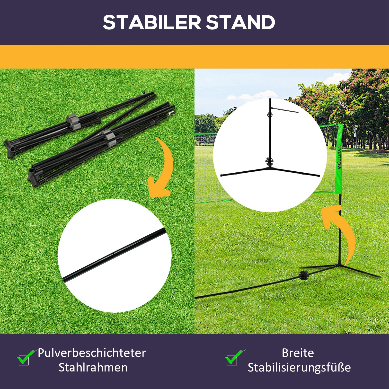 Badminton-Set mit 2 Schlägern, 3 Federbällen, höhenverstellbar 107-155 cm, Schwarz-Grün