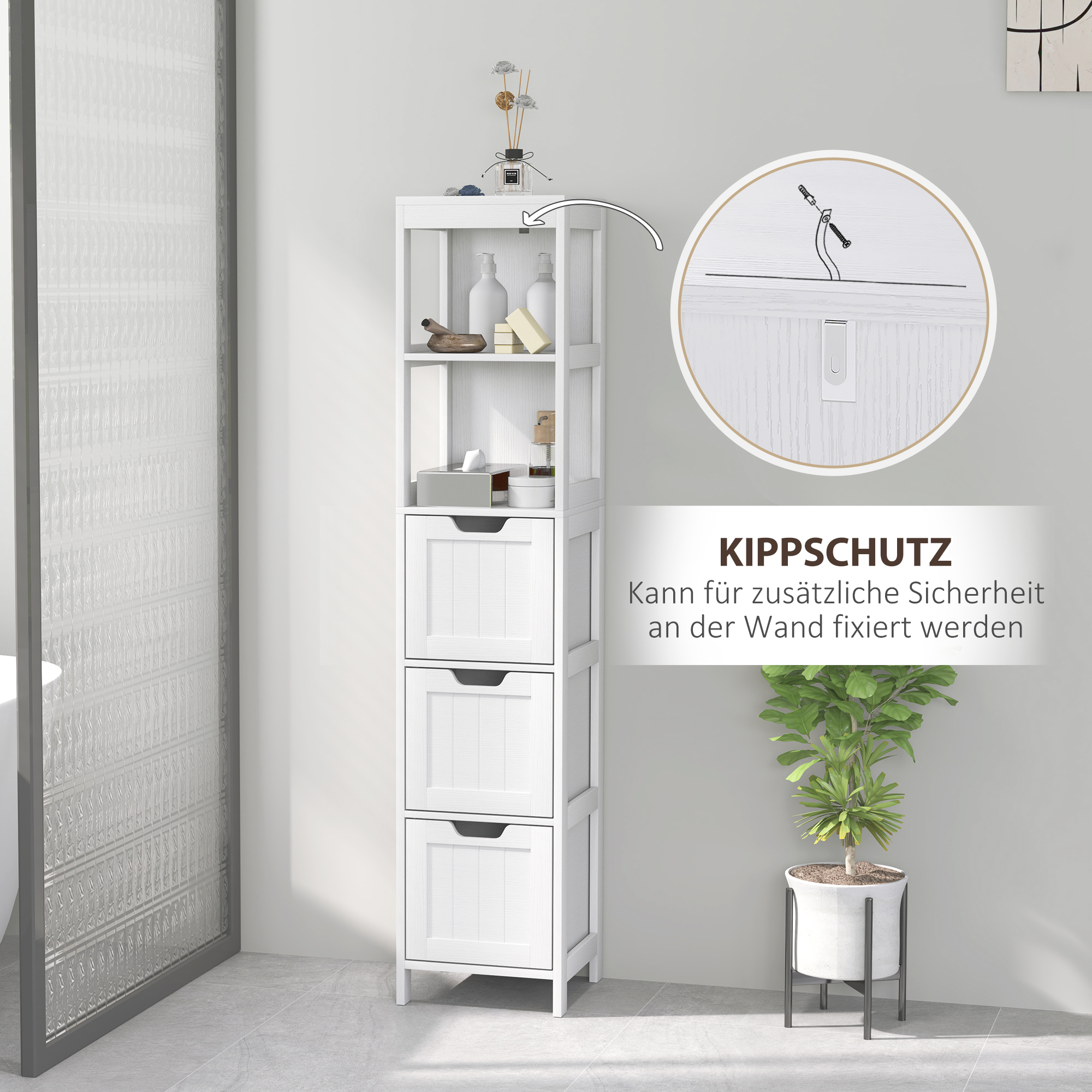 Badezimmerschrank, 2 Regale, 3 Schubladen, wasserabweisendes Material, Weiß