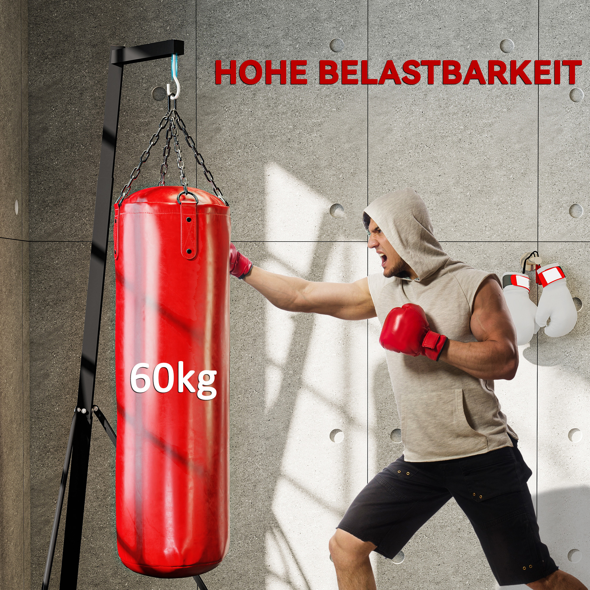 Boxsackständer, Boxsackhalterung, höhenverstellbar, freistehend, klappbar, Stahl, 170 x 90 x 225 cm, schwarz