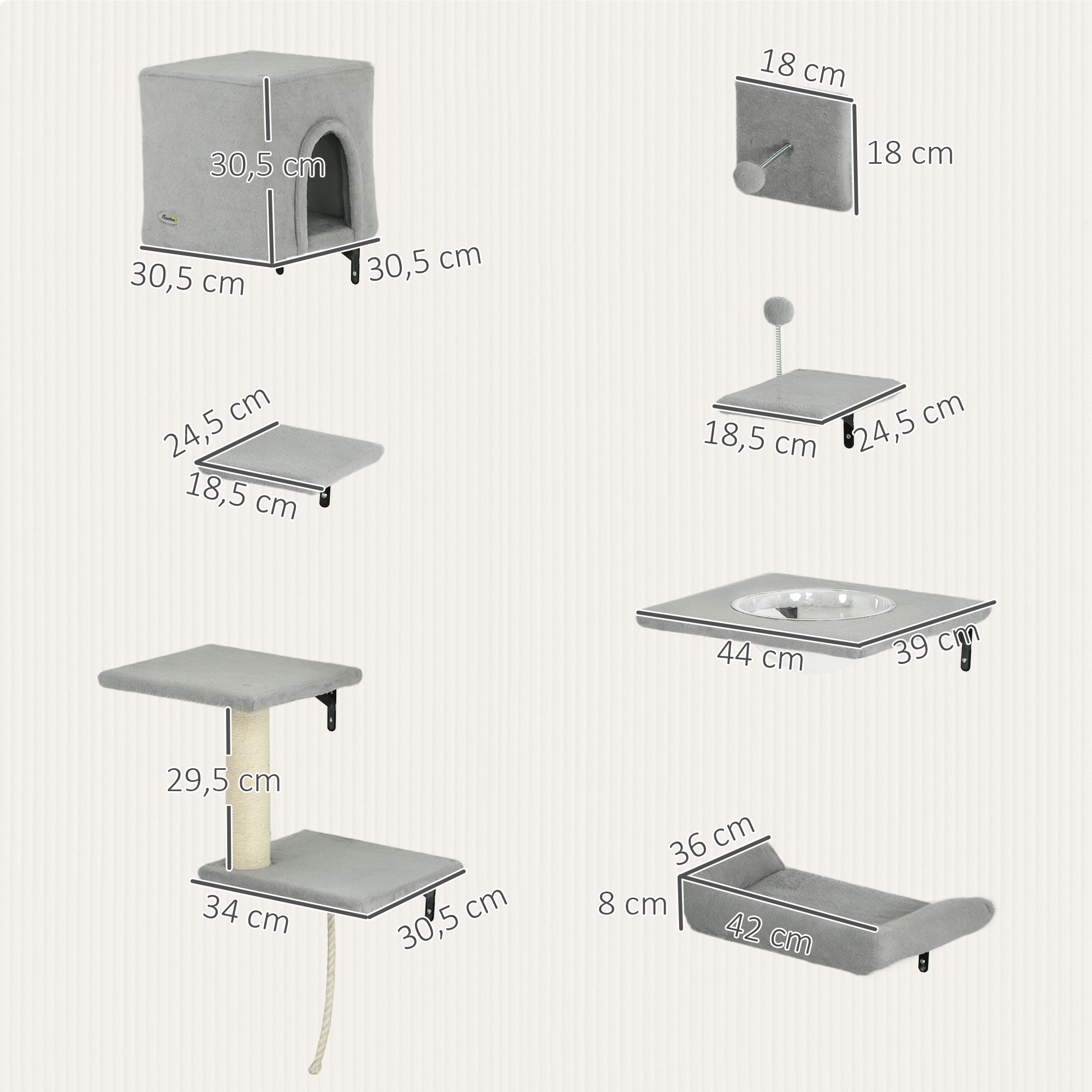 Kletterwand Katzen 7-teilig Katzen Kletterwand Set mit Katzenhaus, Plattform, Plattform Grau