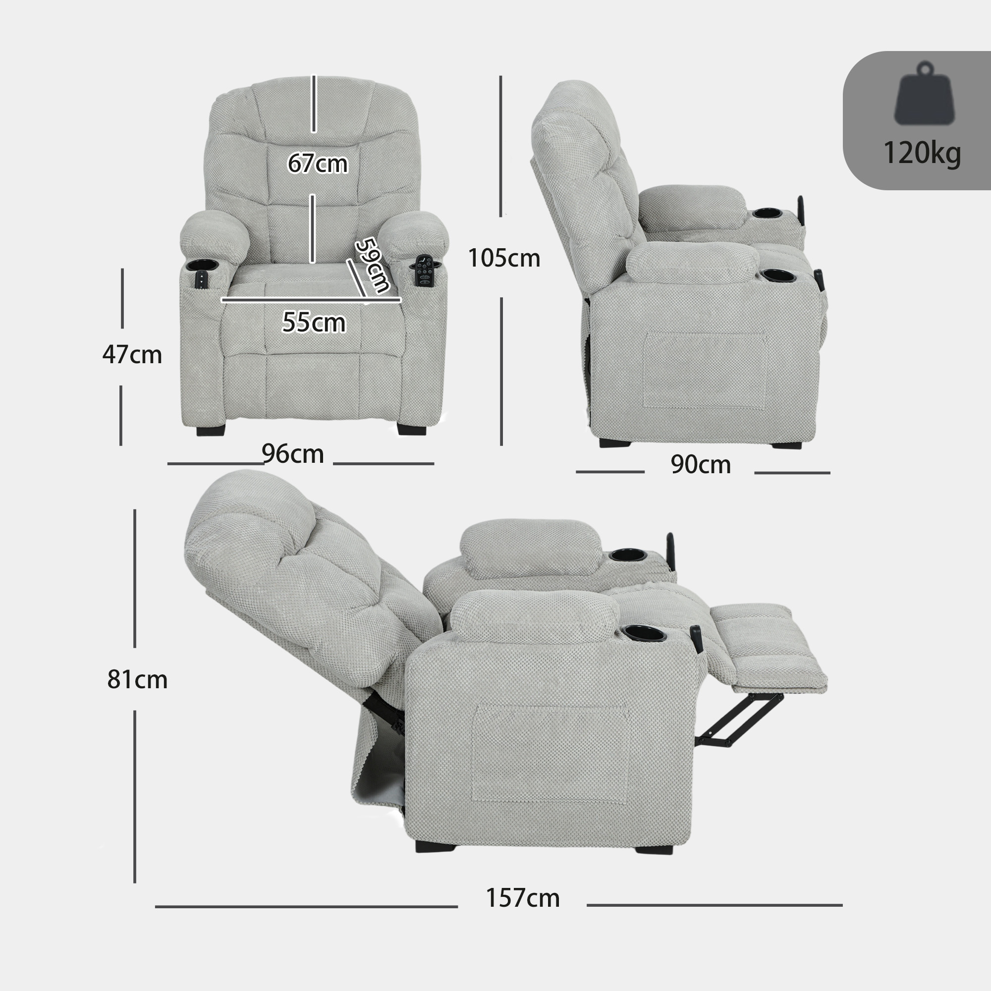 elektrischer Relaxsessel mit Massage & Wärme, leisem Motor und Memory-Funktion, Grau