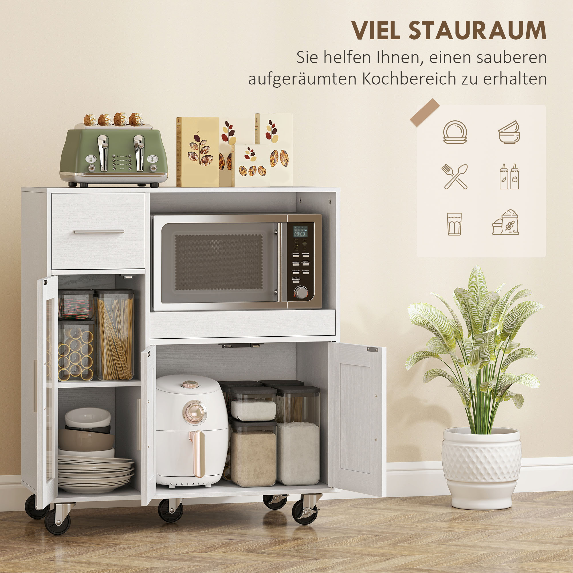 Küchenschrank auf Rädern, Mobile Küchenkommode mit Ablagen, Schubladen, verstellbarem Regal, Kabelloch, Weiß