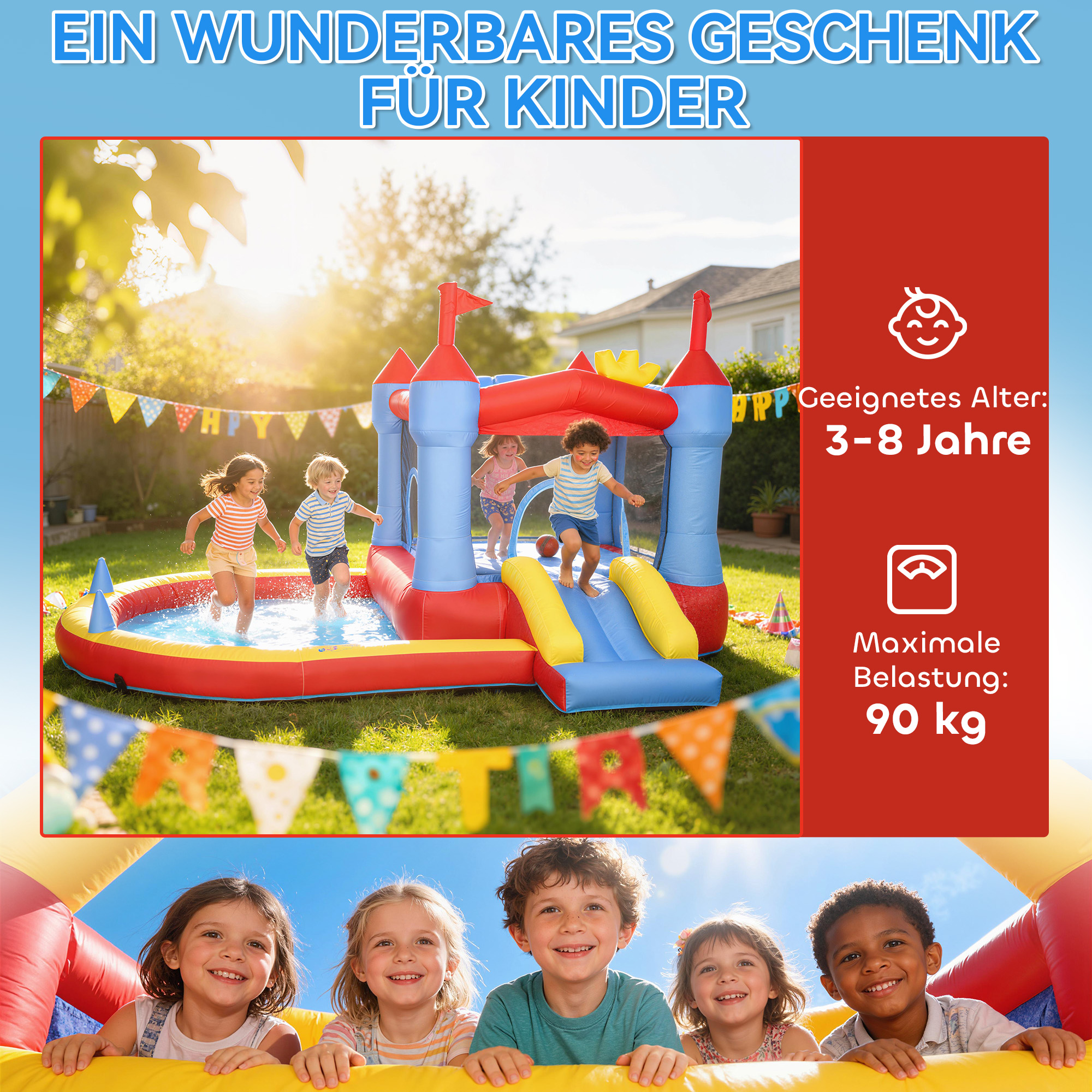 Aufblasbar Hüpfburg mit Gebläse Rutsche Trampolin Planschbecken/Bällebad Wasserpistole 342x255x209 cm Blau