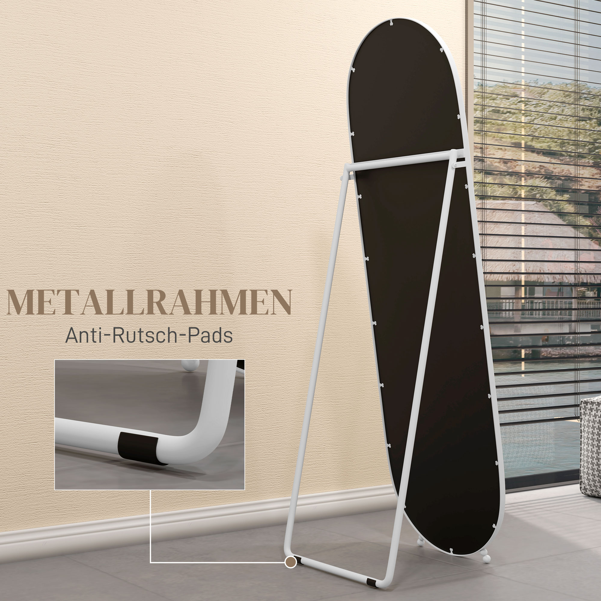 Ganzkörperspiegel, ovale Form, freistehend, Metallrahmen, 40x160cm, Farbe: Weiß