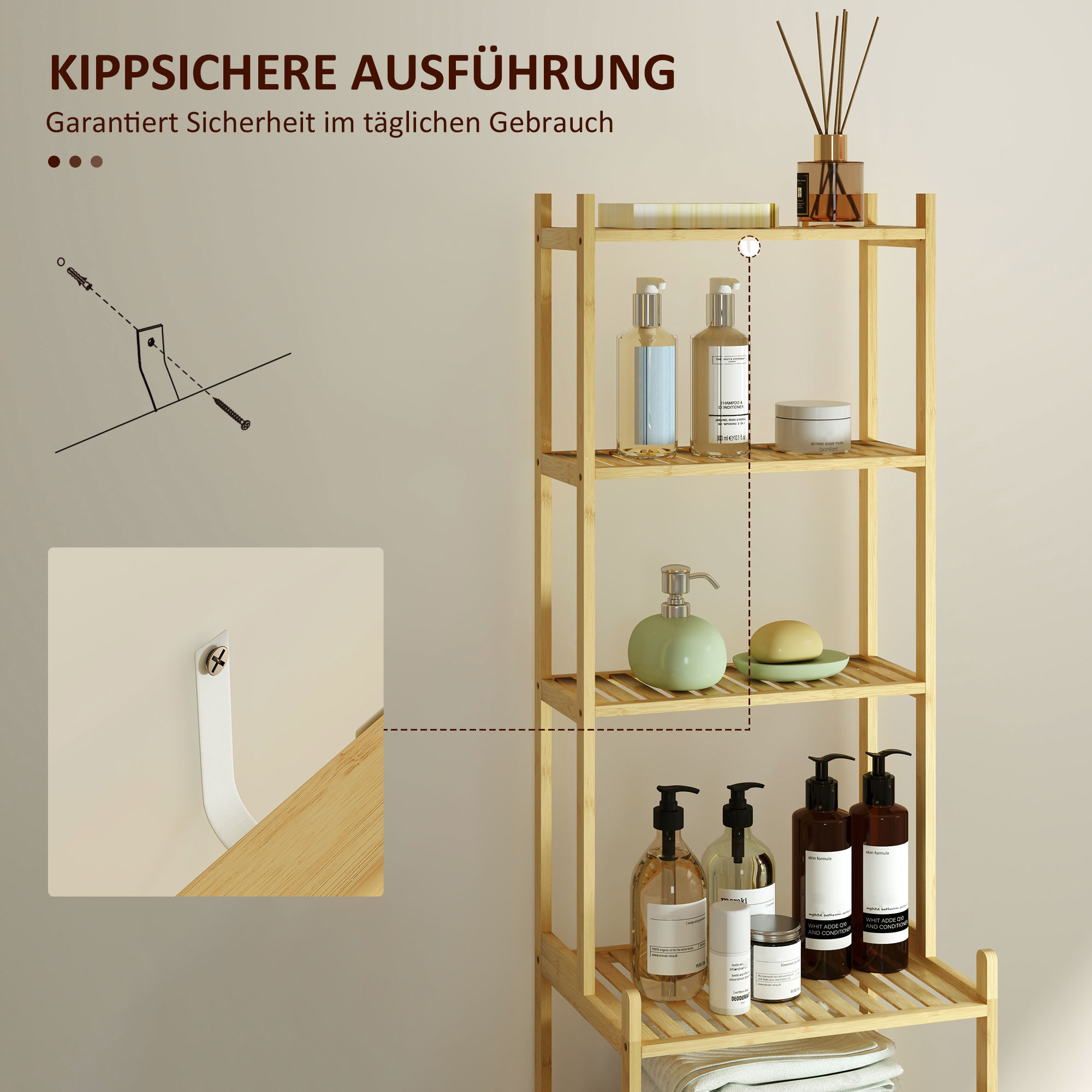 Badezimmerregal mit 7 Ebenen, Badregal aus Bambus, wasserfest, robust, 180 cm