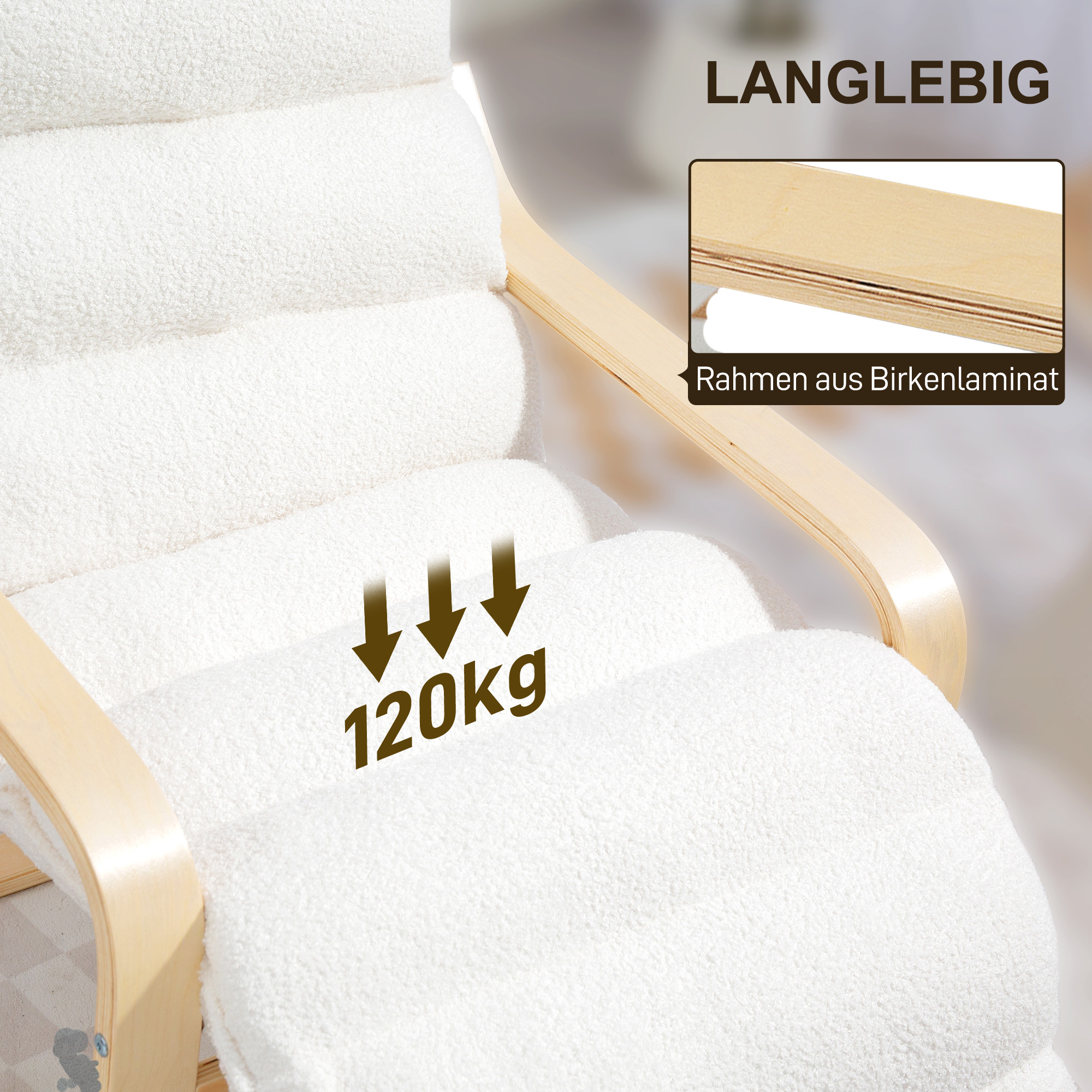 Lounge-Sessel aus Birkenholz, Polstersessel, verstellbare Fußstütze, Weiß